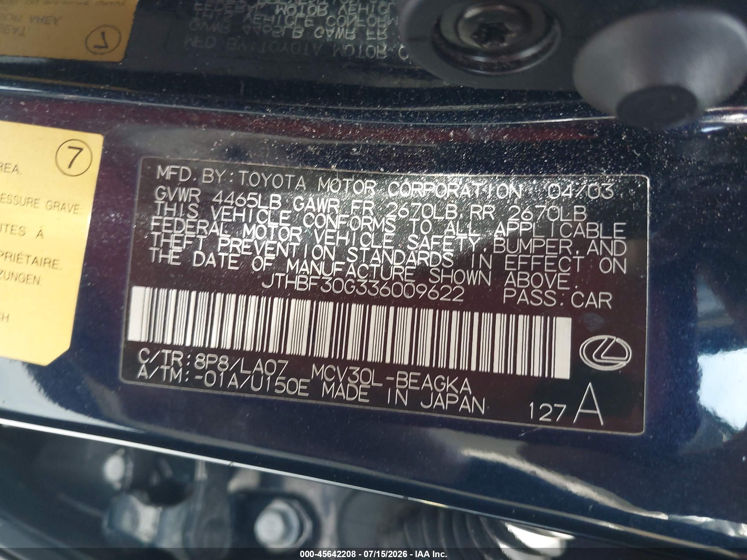2003 Lexus Es 300   Blue vin: JTHBF30G336009622