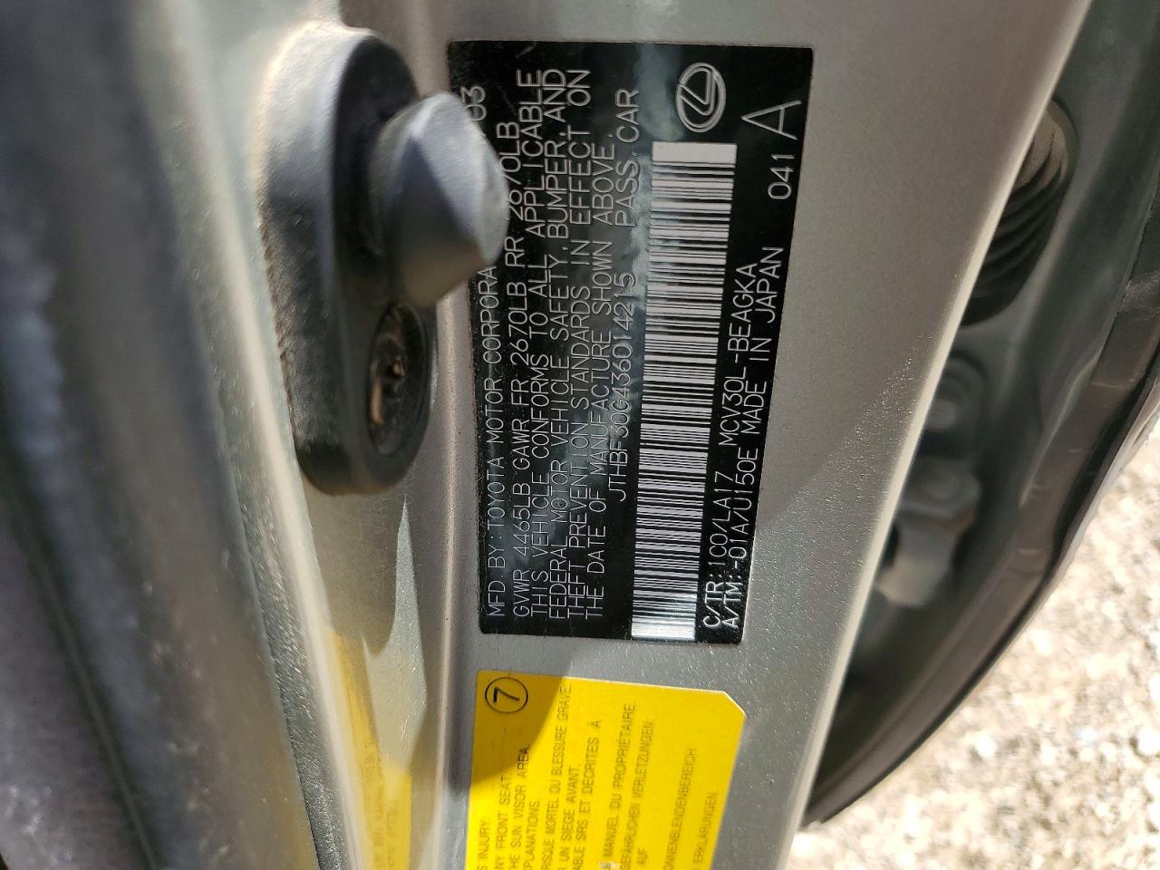 2003 Lexus Es 300 Silver vin: JTHBF30G436014215