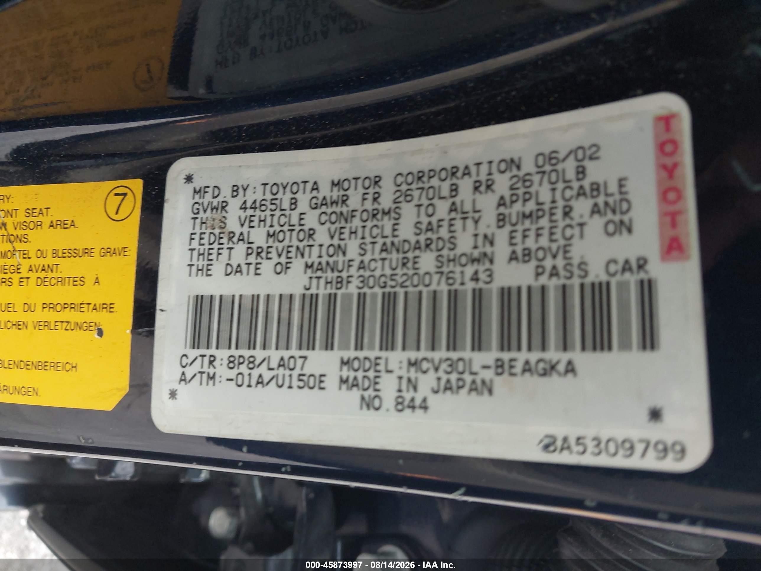 2002 Lexus Es 300   Navy vin: JTHBF30G520076143
