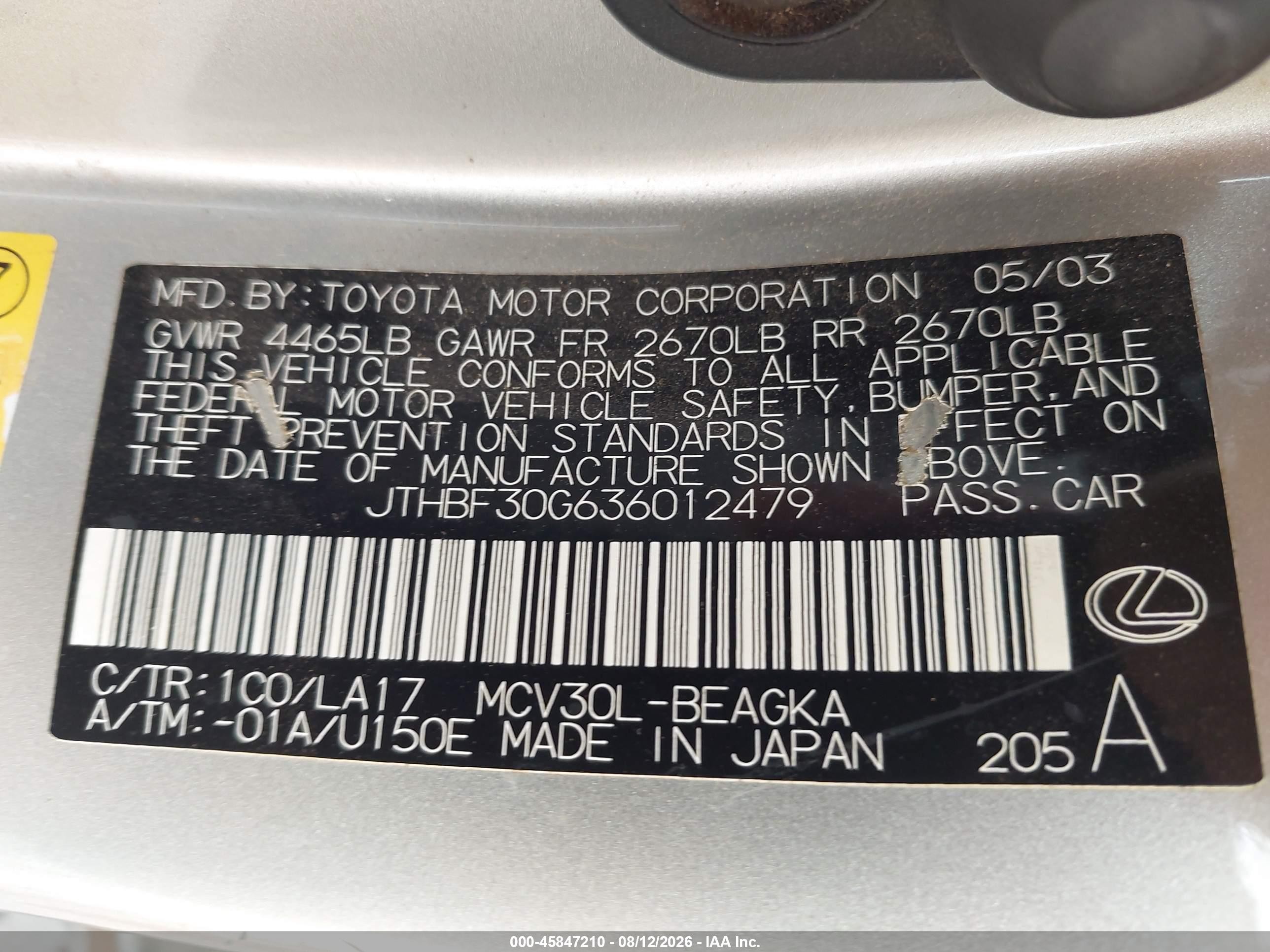 2003 Lexus Es 300 Champagne vin: JTHBF30G636012479