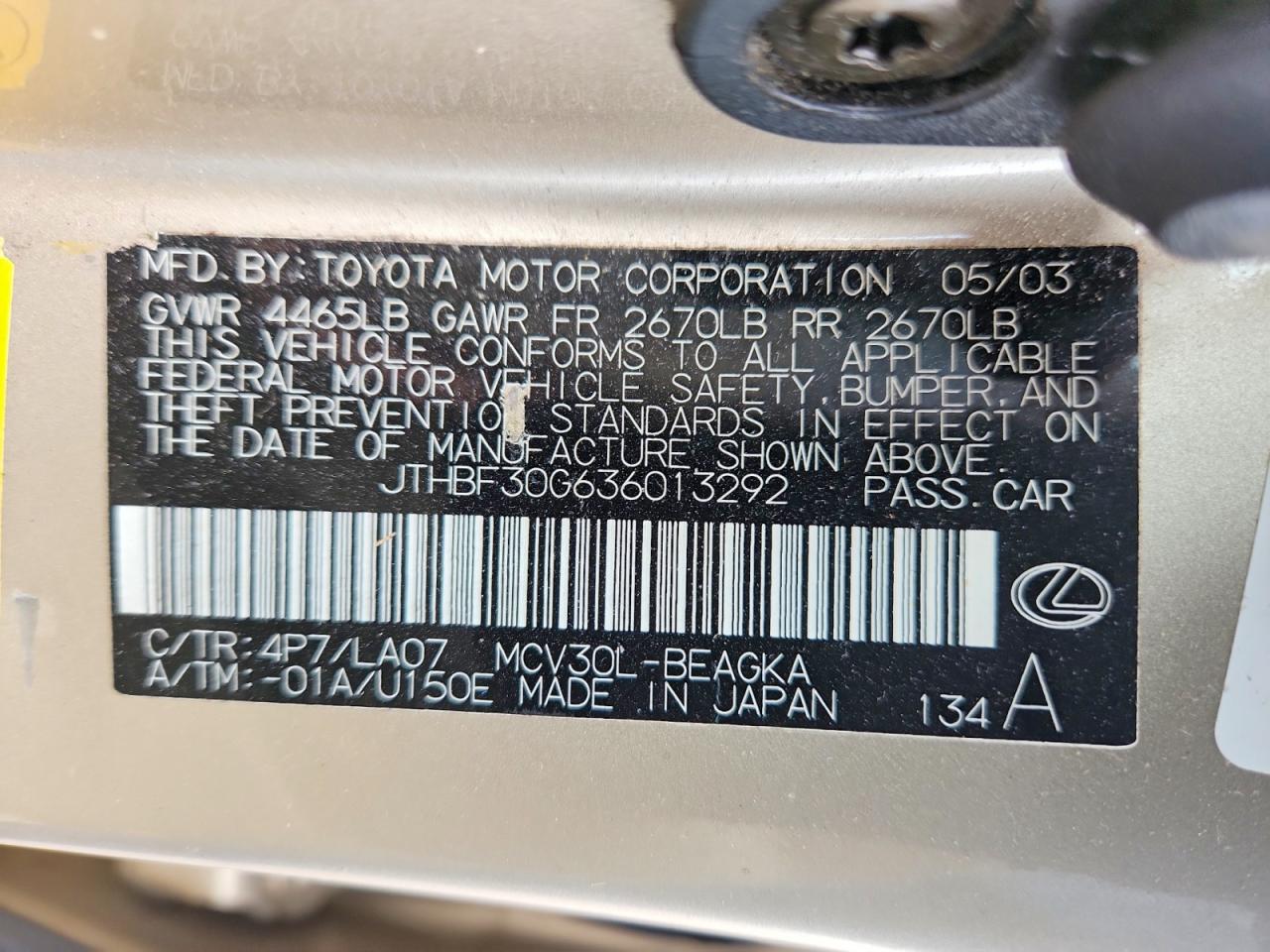 2003 Lexus Es 300 Золотой vin: JTHBF30G636013292