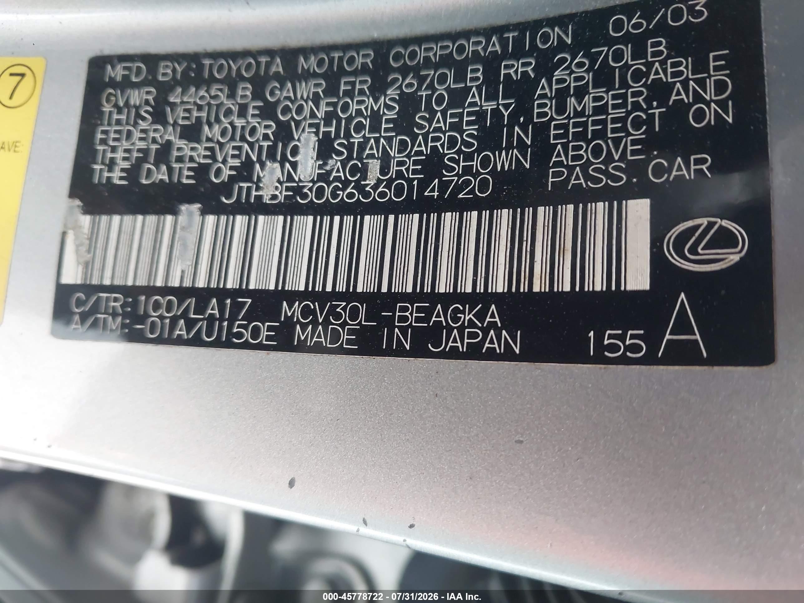 2003 Lexus Es 300 Silver vin: JTHBF30G636014720