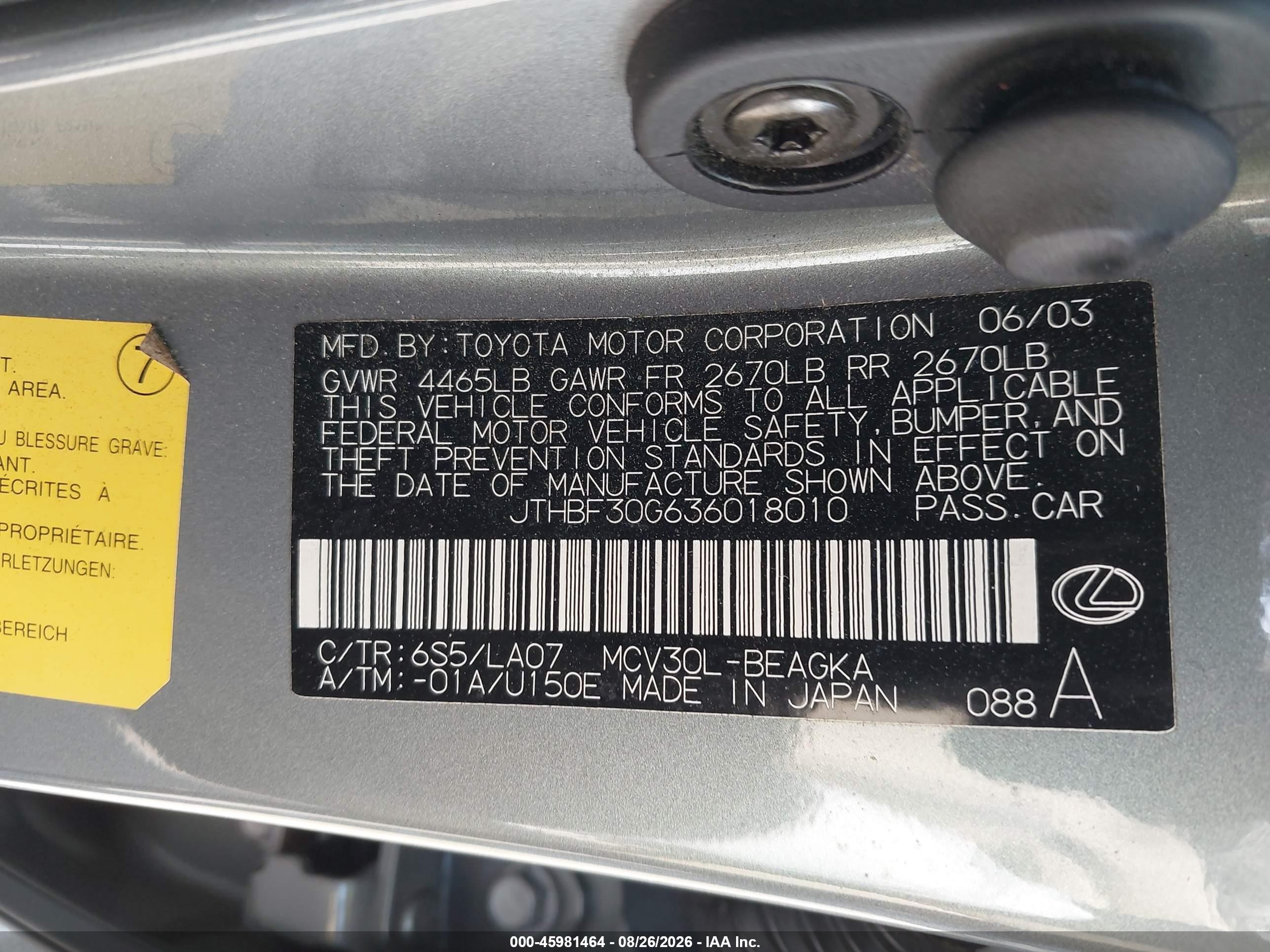 2003 Lexus Es 300   Gray vin: JTHBF30G636018010