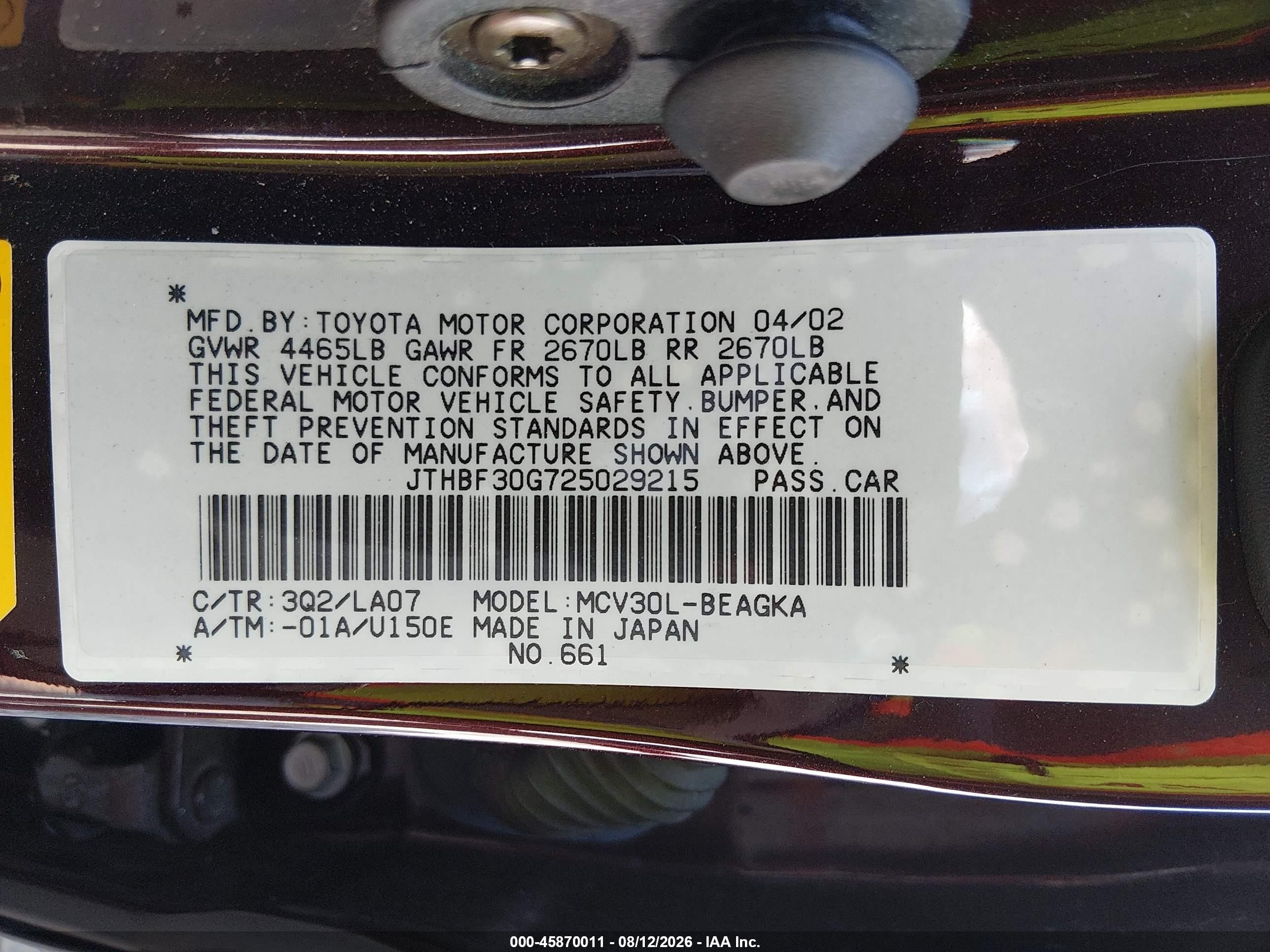 2002 Lexus Es 300   Purple vin: JTHBF30G725029215