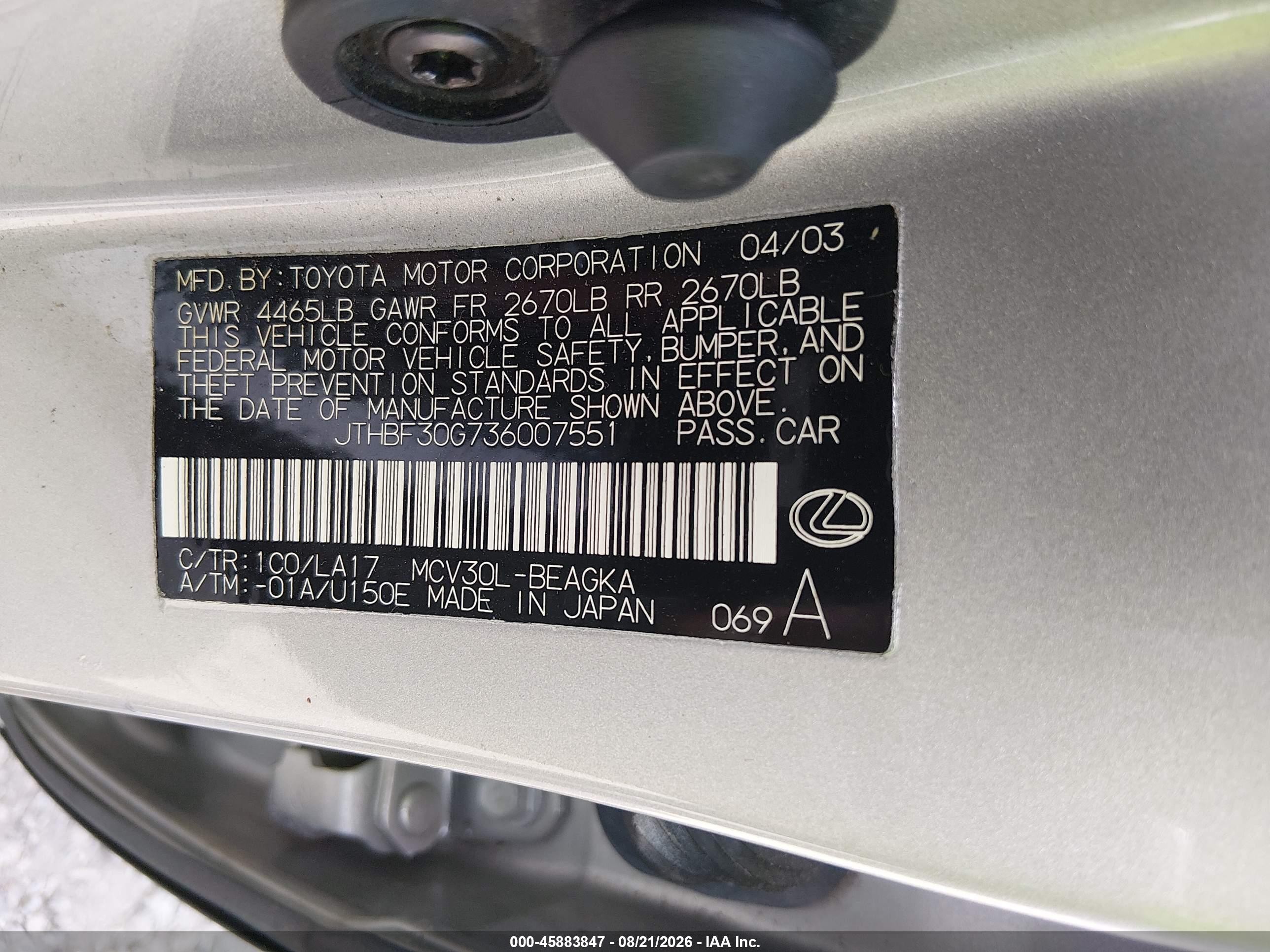 2003 Lexus Es 300   Silver vin: JTHBF30G736007551