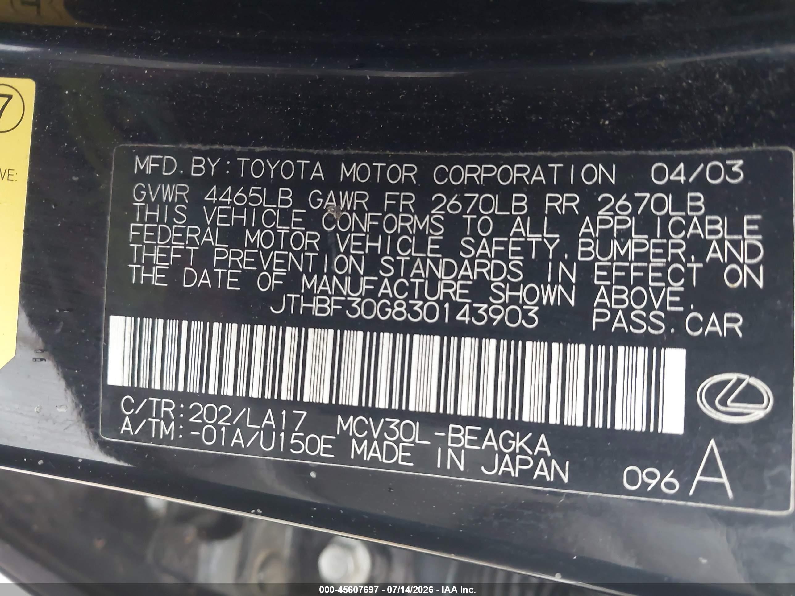 2003 Lexus Es 300   Black vin: JTHBF30G830143903