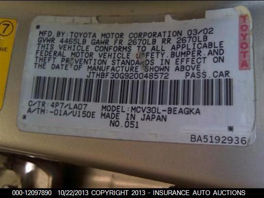 2002 Lexus Es 300 Sedan vin: JTHBF30G920048572
