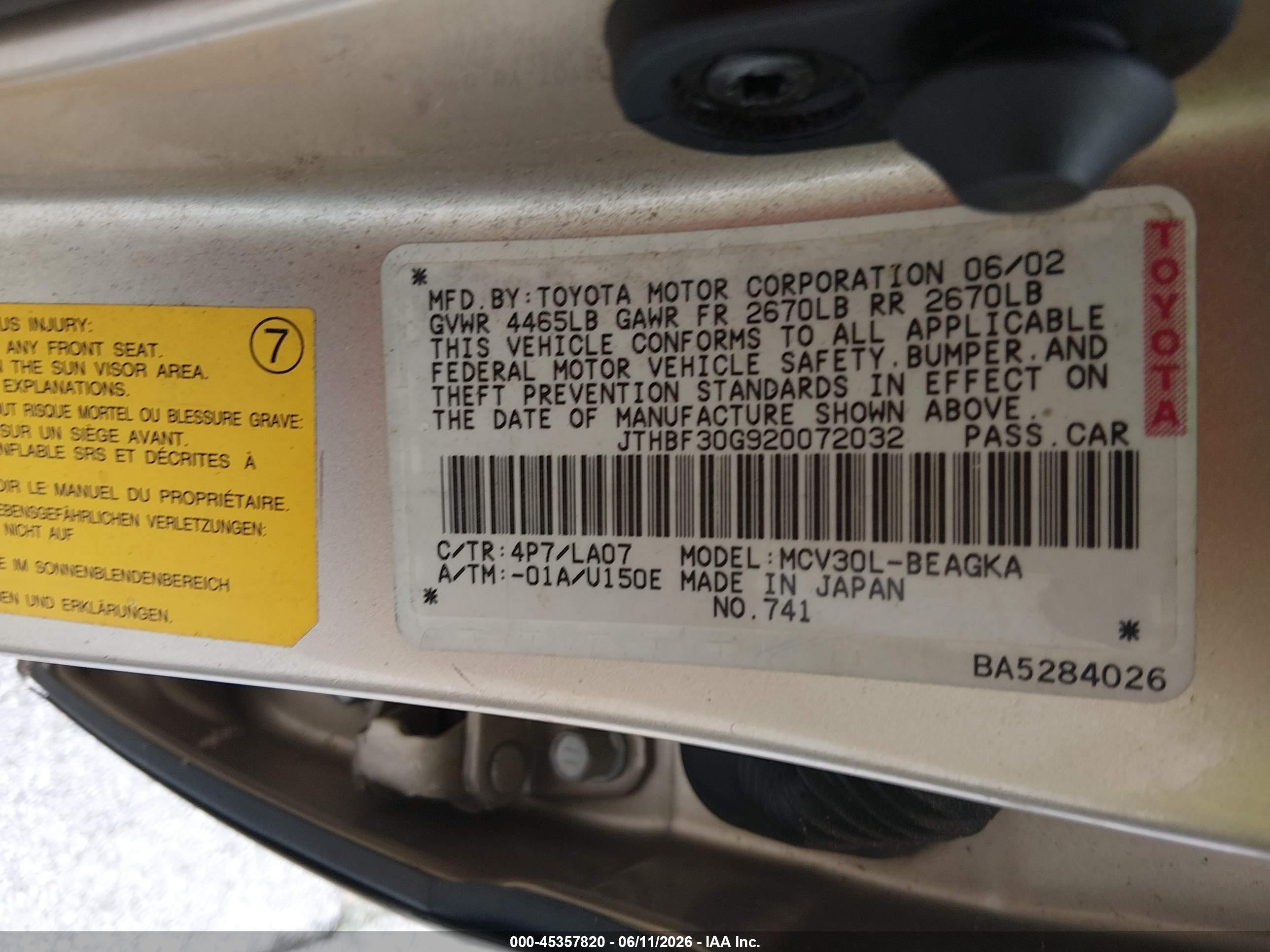 2002 Lexus Es 300   Gold vin: JTHBF30G920072032