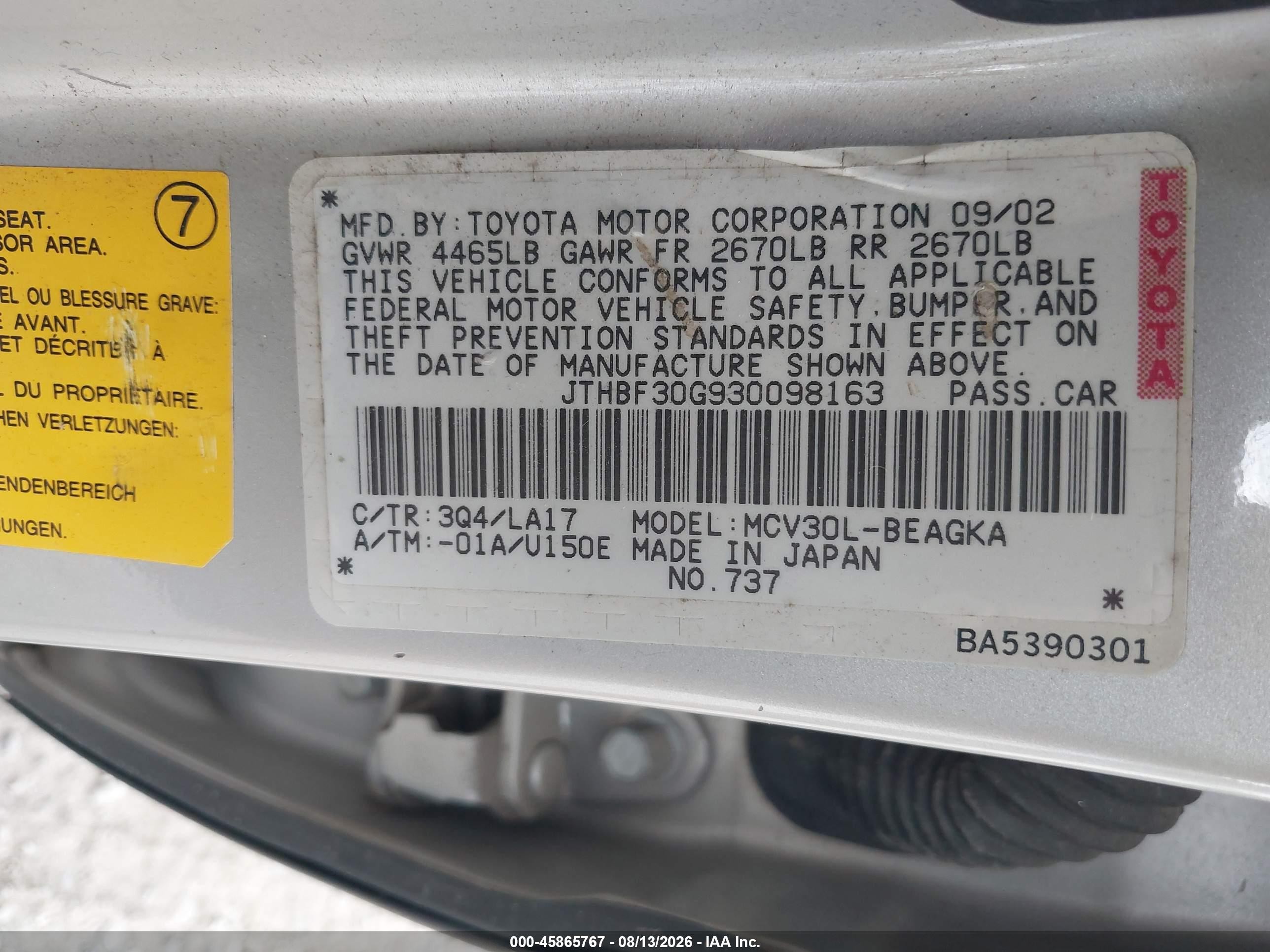 2003 Lexus Es 300   White vin: JTHBF30G930098163