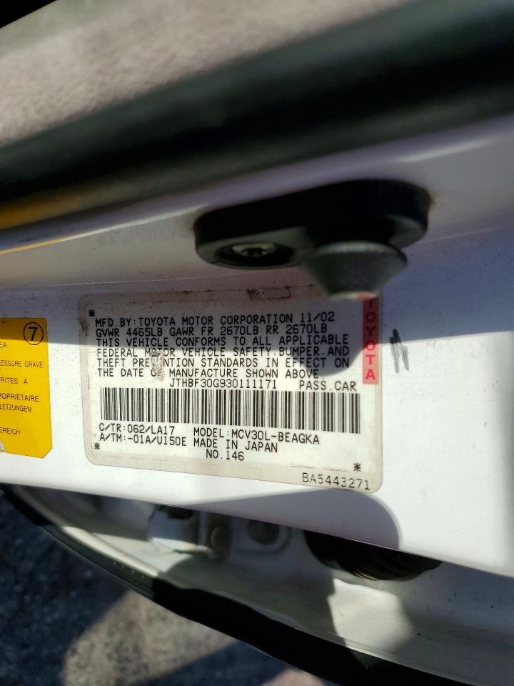 2003 Lexus Es 300 White vin: JTHBF30G930111171