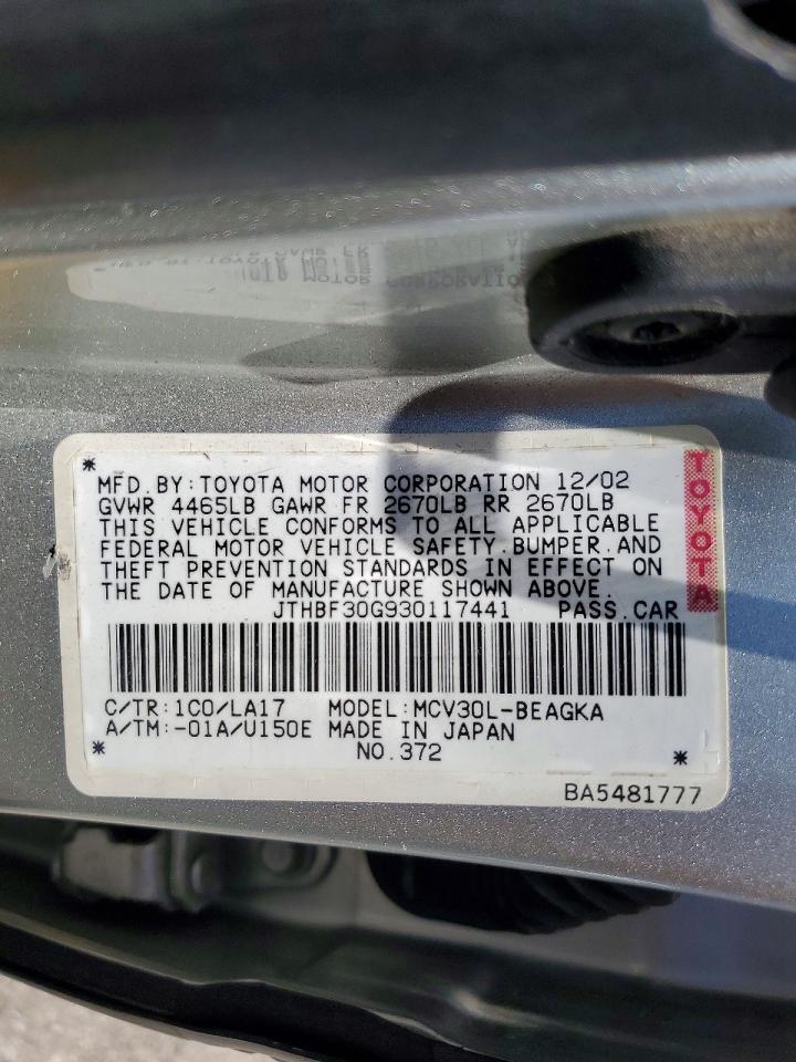2003 Lexus Es 300 Silver vin: JTHBF30G930117441