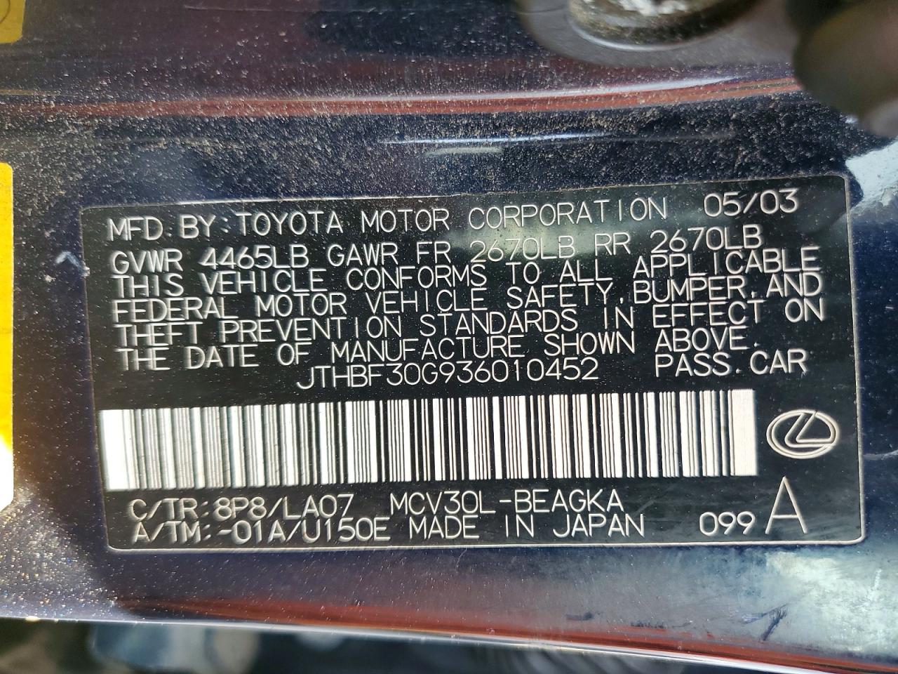 2003 Lexus Es 300 Blue vin: JTHBF30G936010452