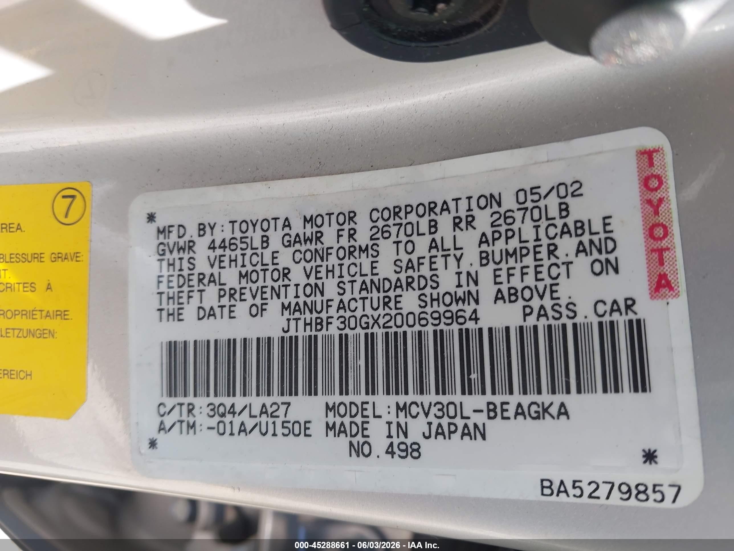 2002 Lexus Es 300   Champagne vin: JTHBF30GX20069964