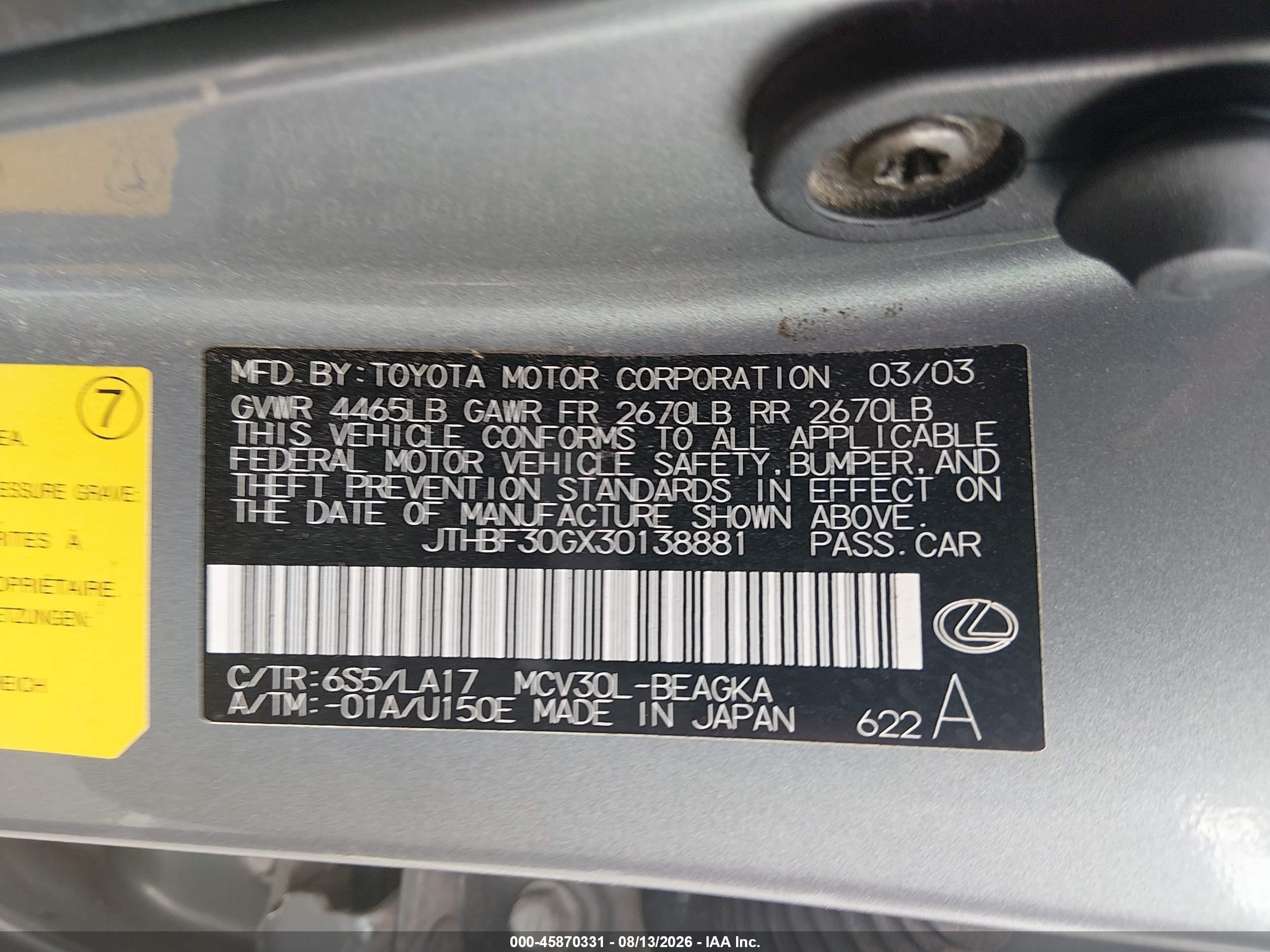 2003 Lexus Es 300 Синий vin: JTHBF30GX30138881