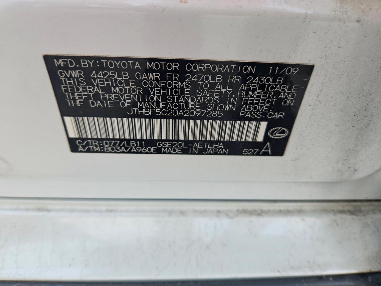 2010 Lexus Is 250 White vin: JTHBF5C20A2097285