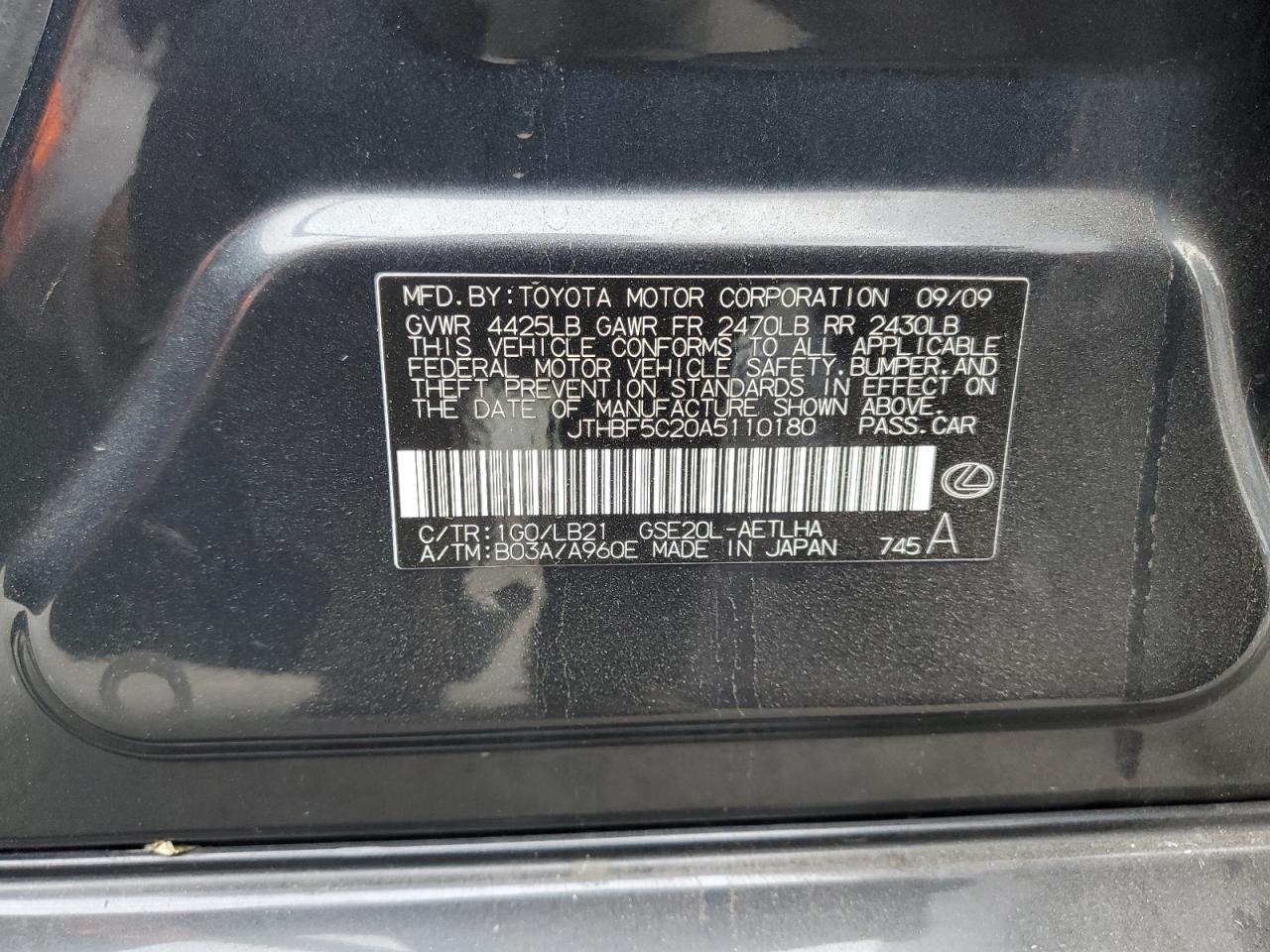 2010 Lexus Is 250 Black vin: JTHBF5C20A5110180
