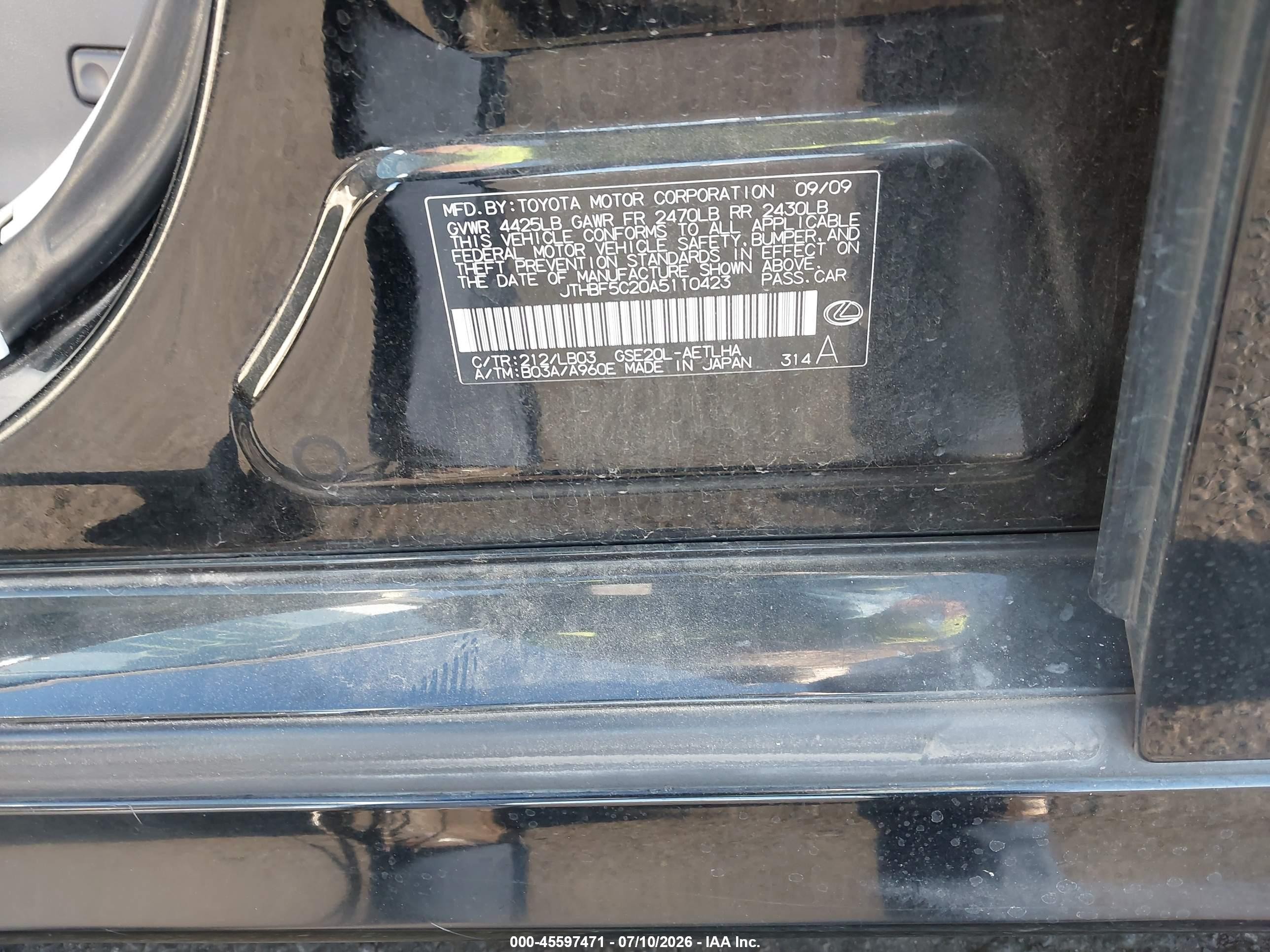 2010 Lexus Is 250   Black vin: JTHBF5C20A5110423