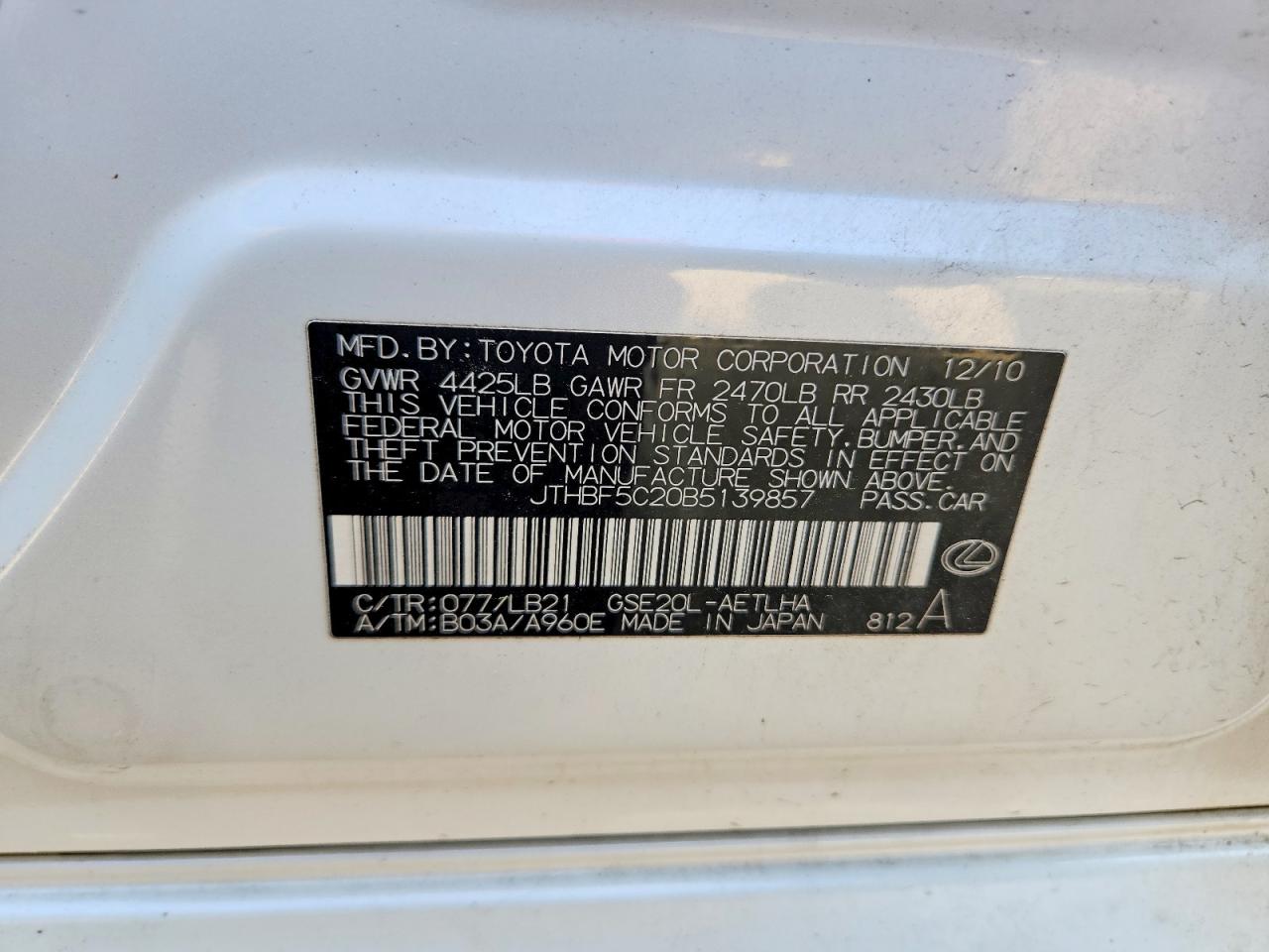 2011 Lexus Is 250 Base White vin: JTHBF5C20B5139857