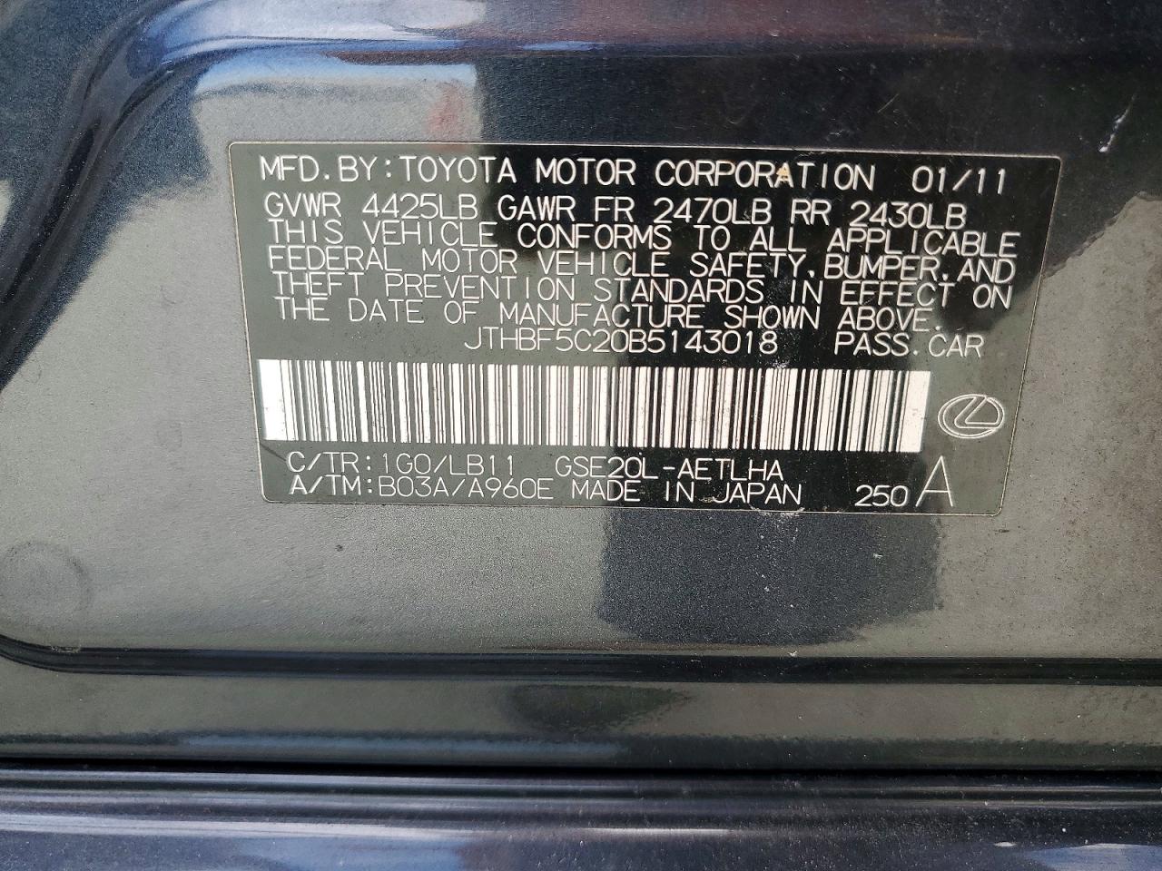 2011 Lexus Is 250 Gray vin: JTHBF5C20B5143018