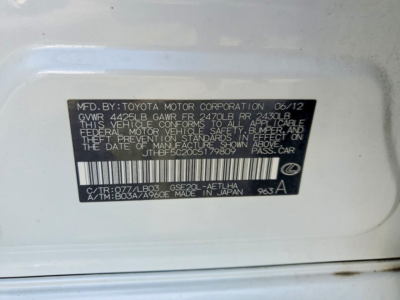 2012 Lexus Is 250 Base White vin: JTHBF5C20C5179809