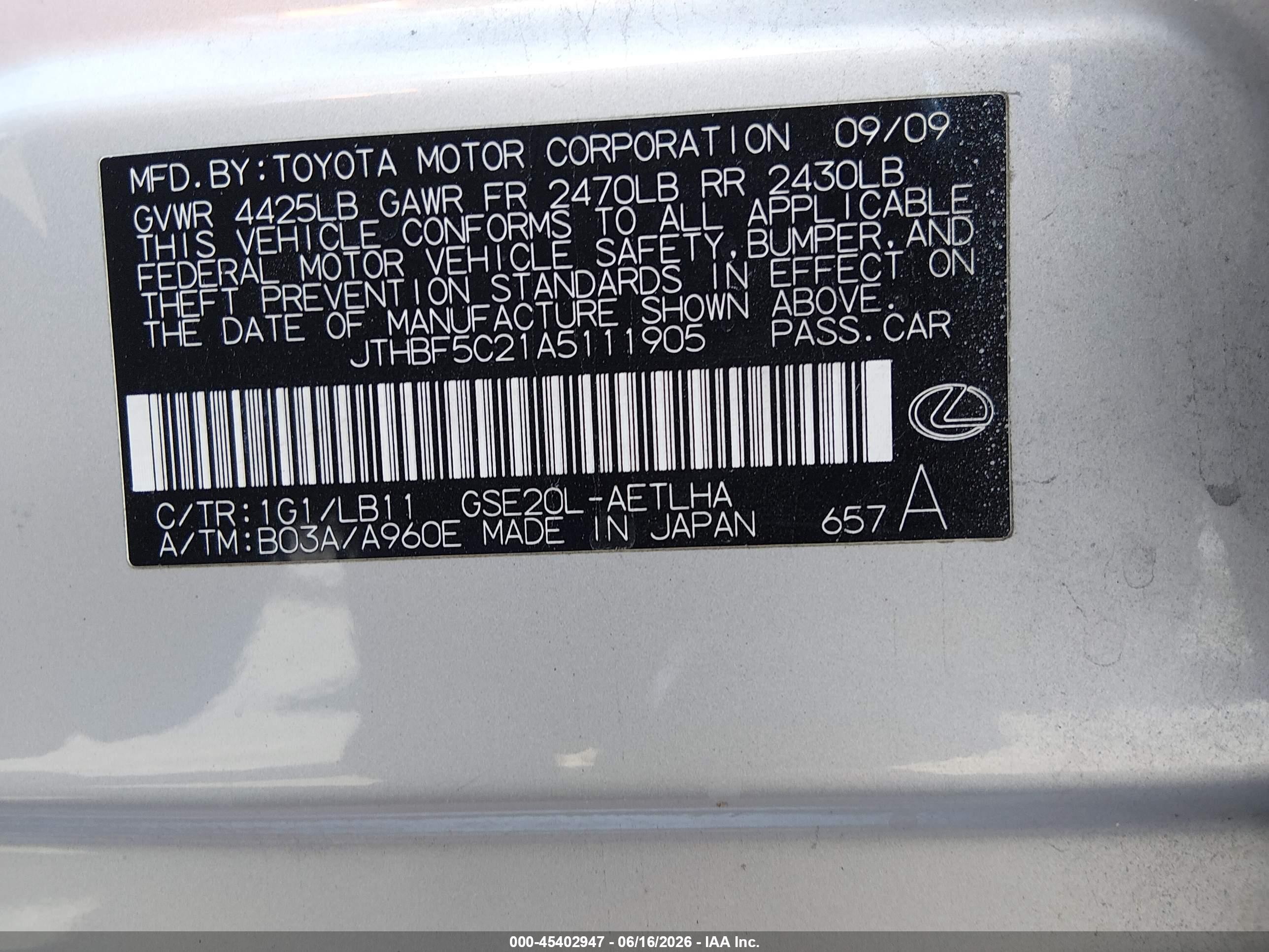 2010 Lexus Is 250 Silver vin: JTHBF5C21A5111905