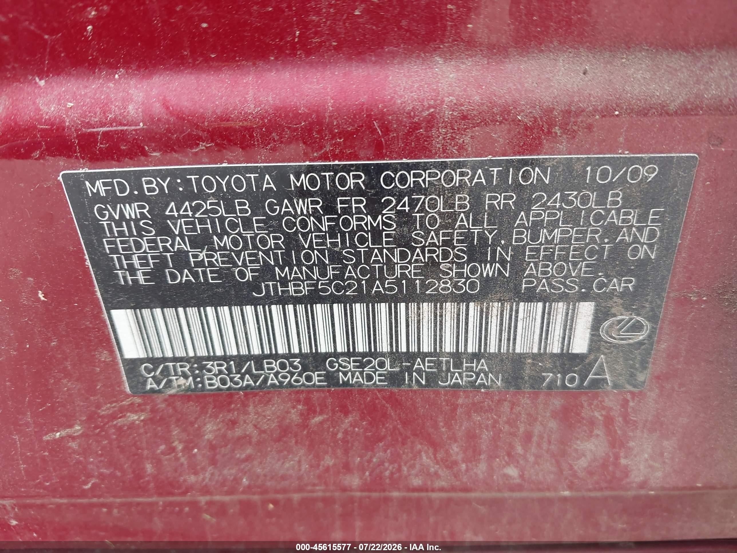 2010 Lexus Is 250   Red vin: JTHBF5C21A5112830