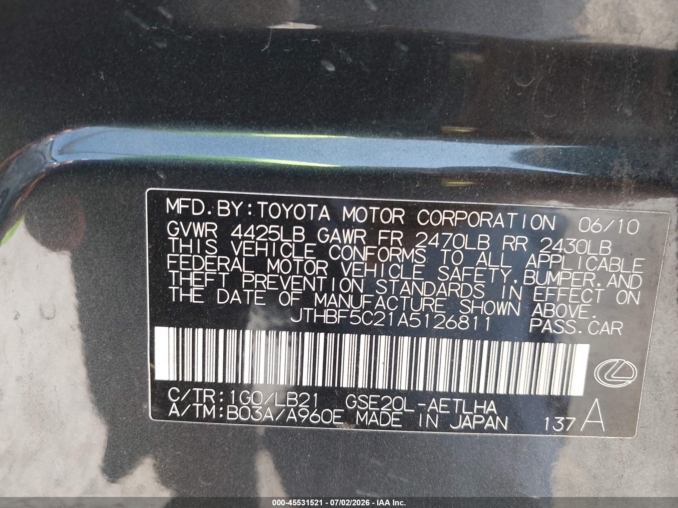 2010 Lexus Is 250 Gray vin: JTHBF5C21A5126811