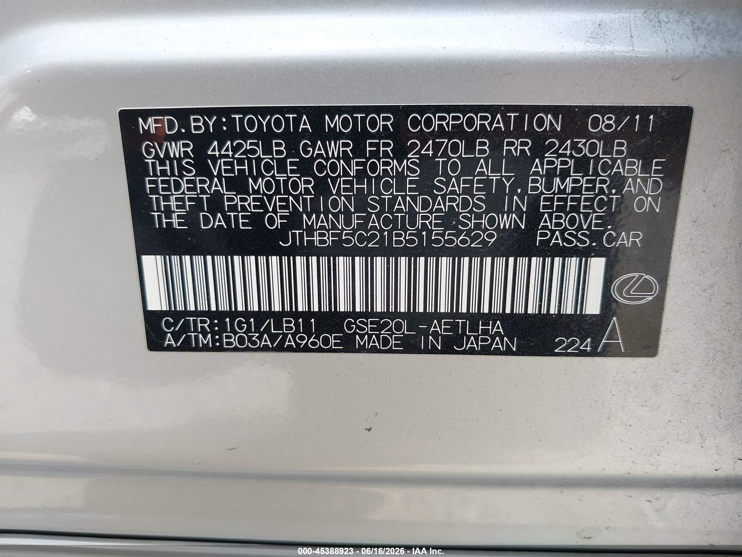 2011 Lexus Is 250   Silver vin: JTHBF5C21B5155629