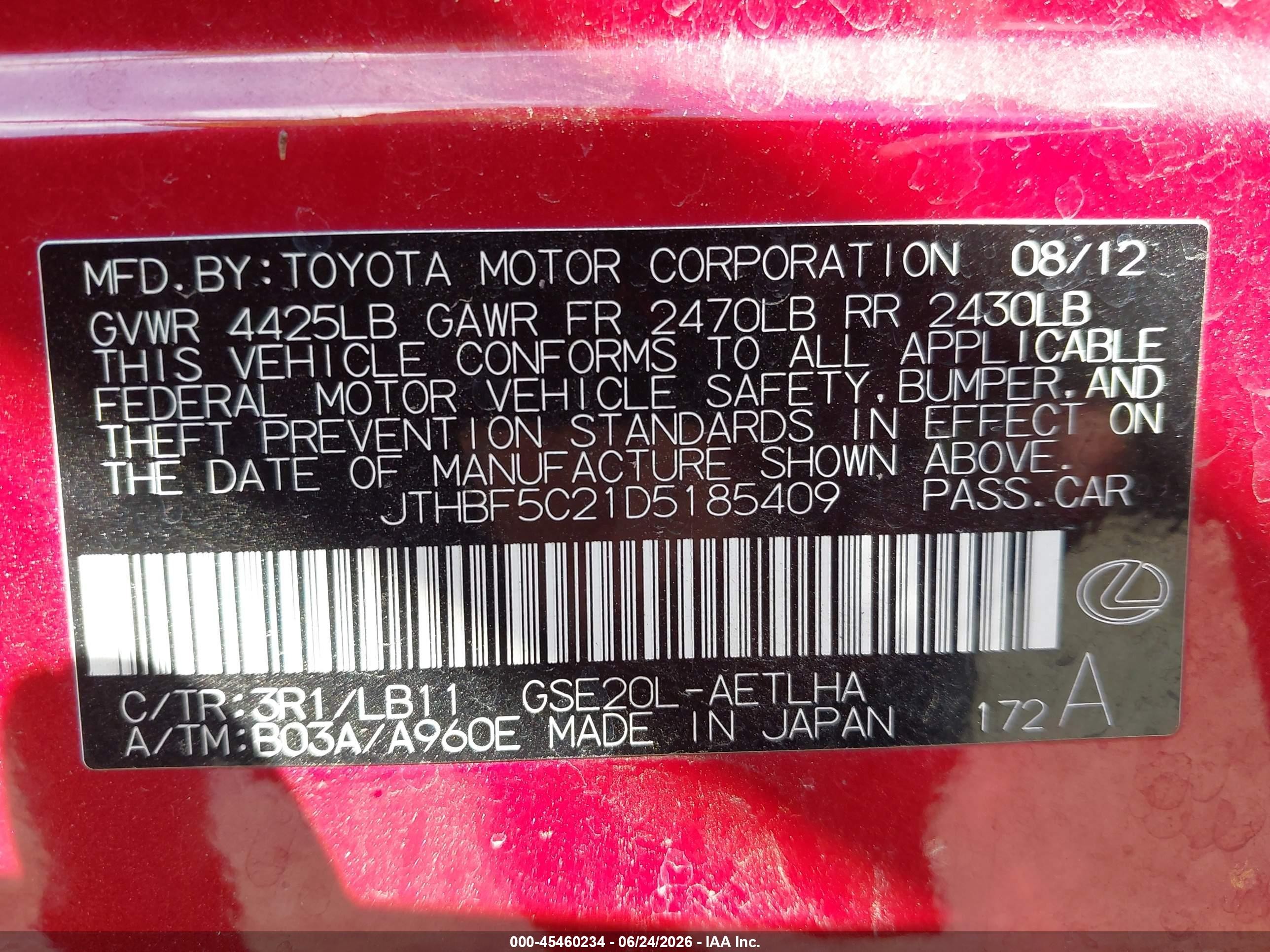 2013 Lexus Is 250   Red vin: JTHBF5C21D5185409
