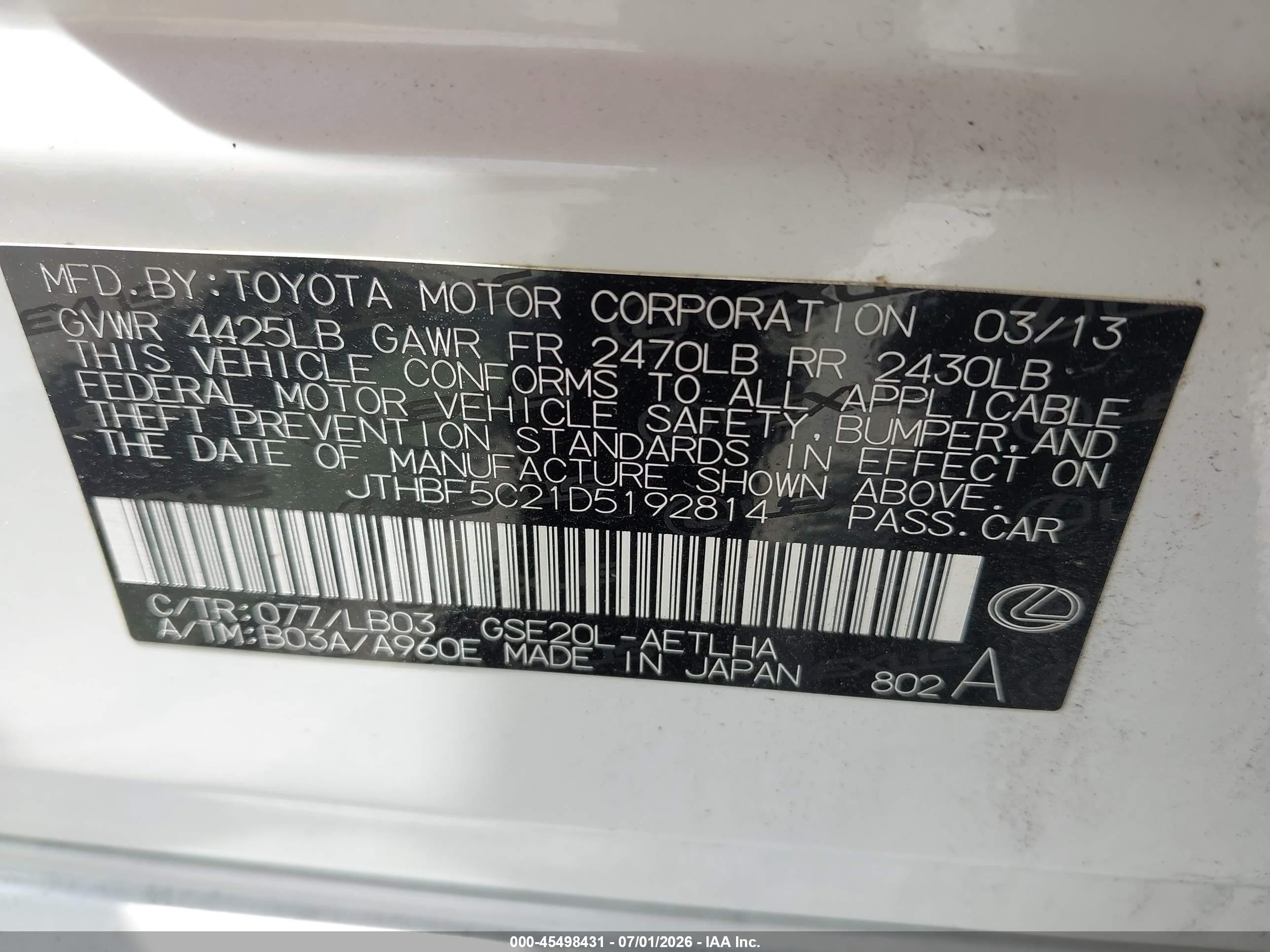 2013 Lexus Is 250   White vin: JTHBF5C21D5192814