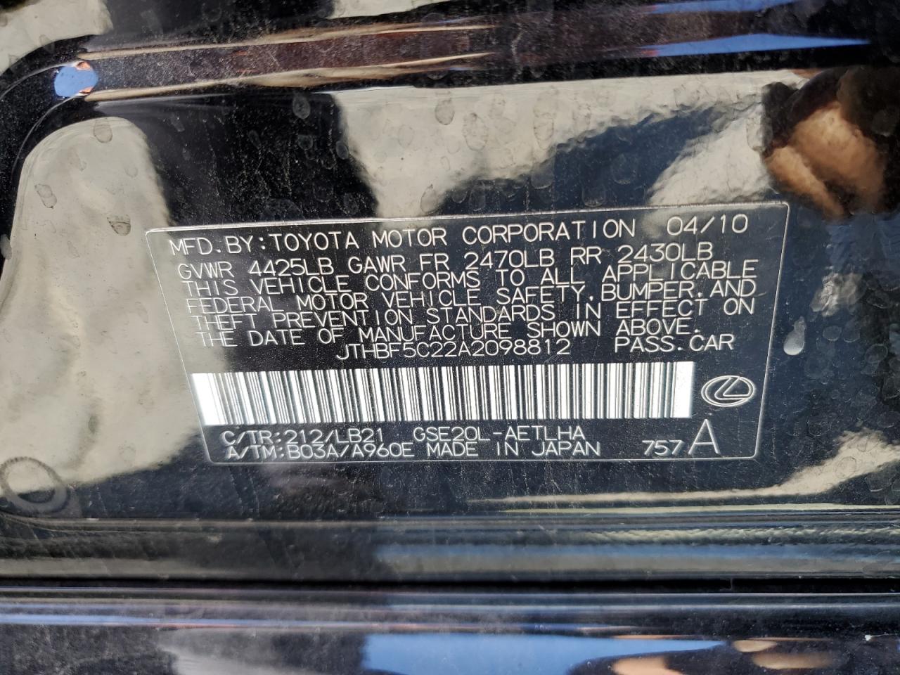 2010 Lexus Is 250 Black vin: JTHBF5C22A2098812