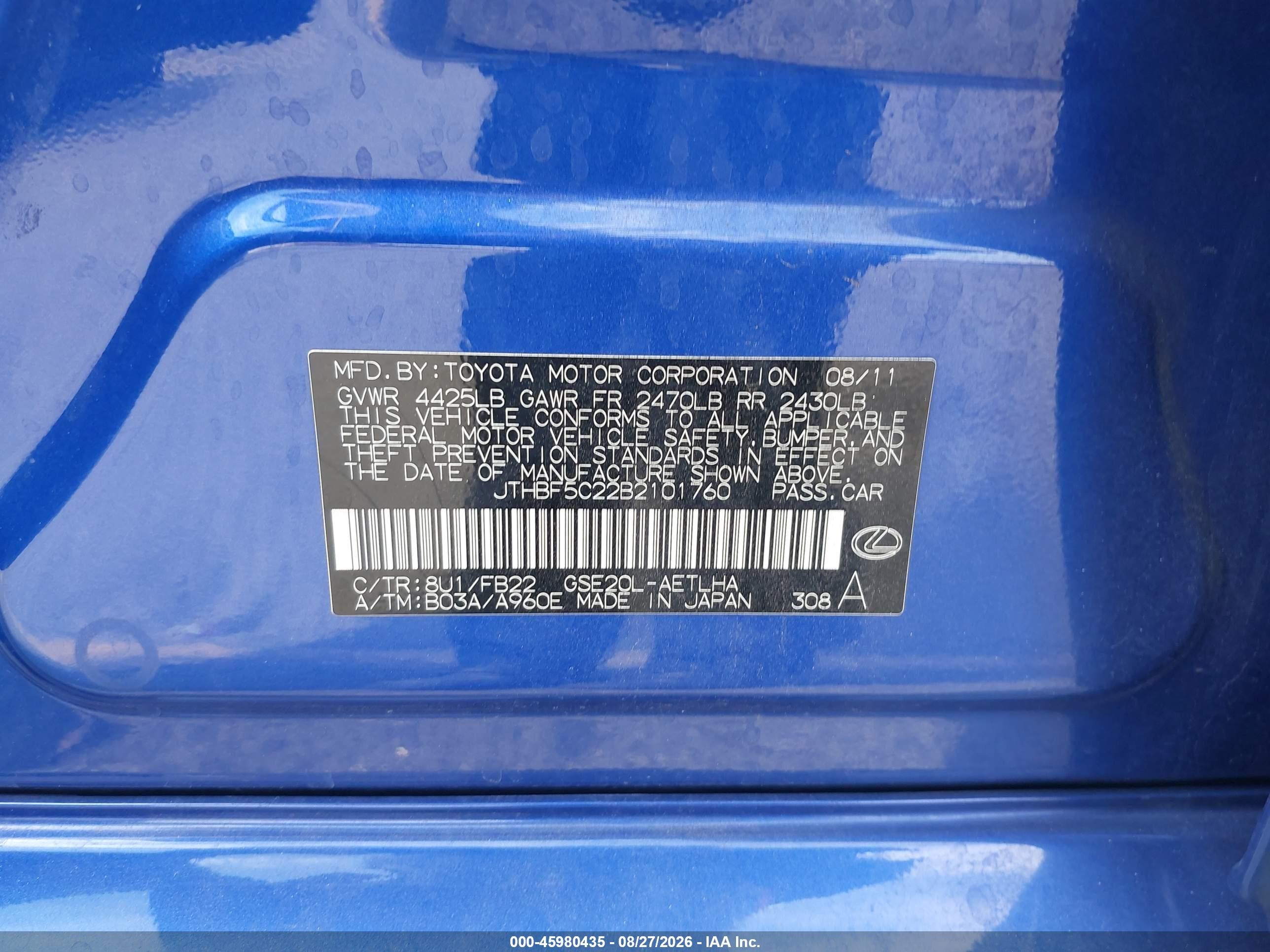 2011 Lexus Is 250   Blue vin: JTHBF5C22B2101760