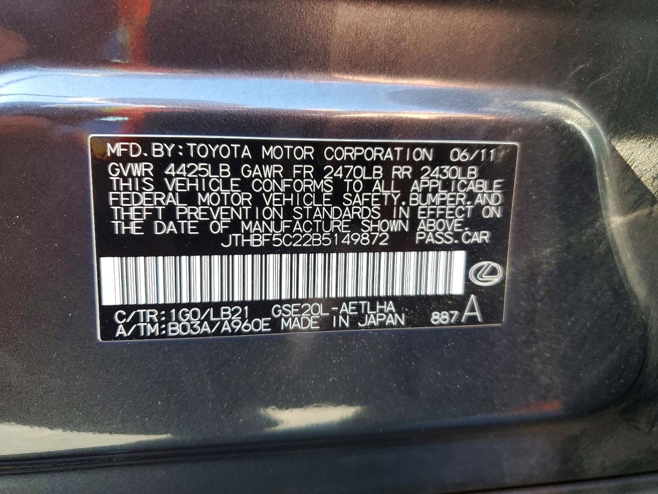 2011 Lexus Is 250 Charcoal vin: JTHBF5C22B5149872