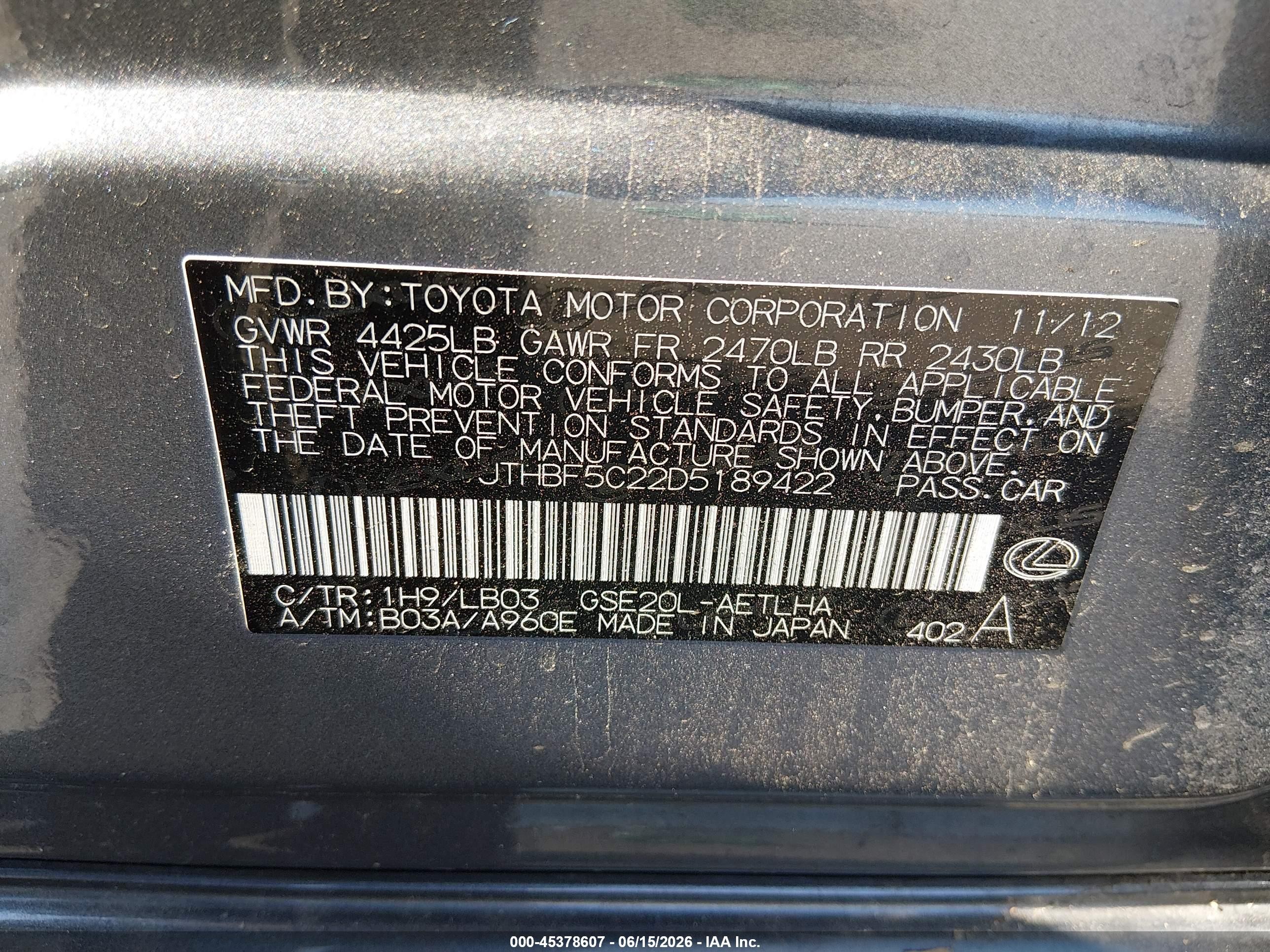 2013 Lexus Is 250   Gray vin: JTHBF5C22D5189422