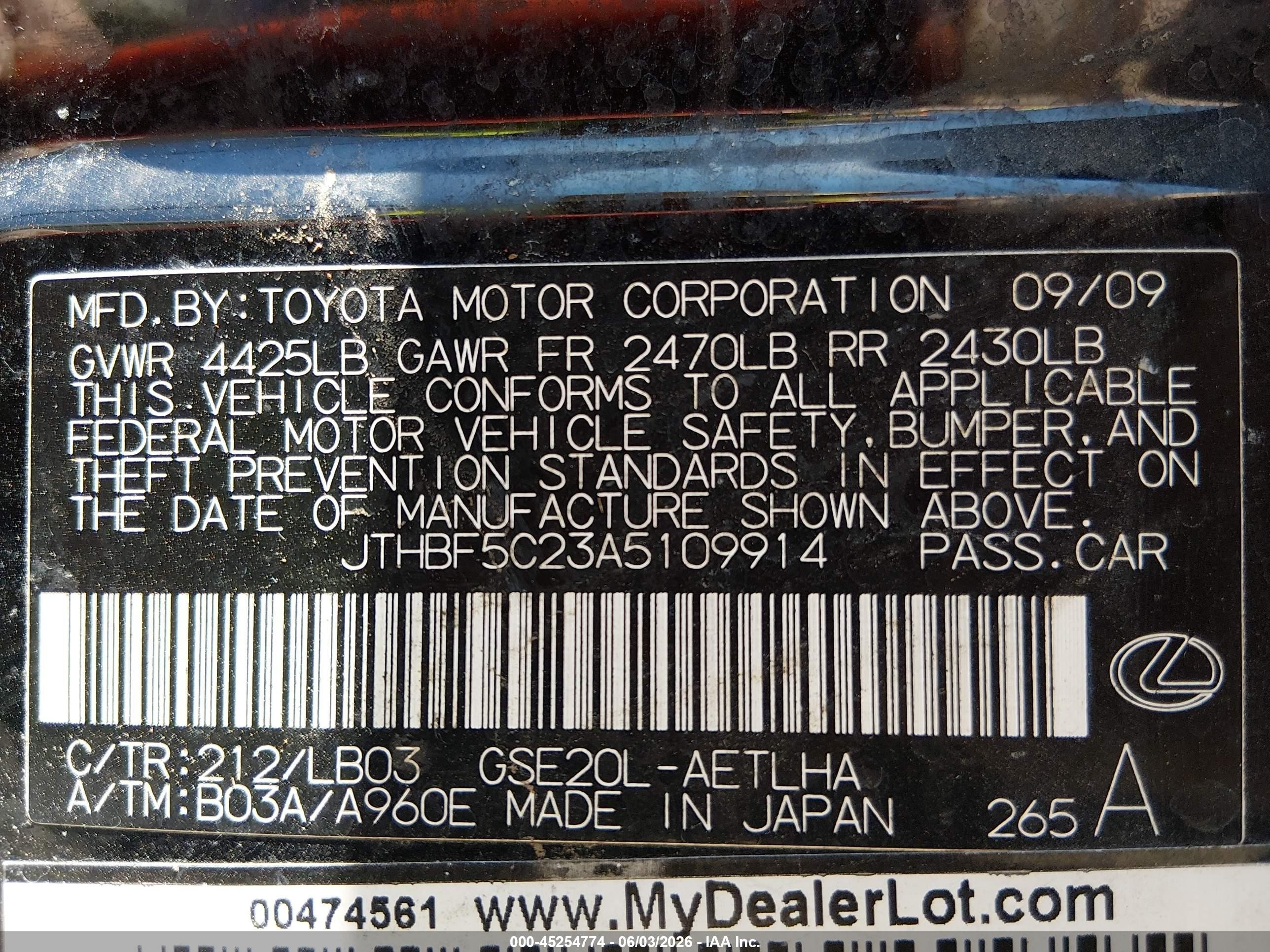 2010 Lexus Is 250   Black vin: JTHBF5C23A5109914