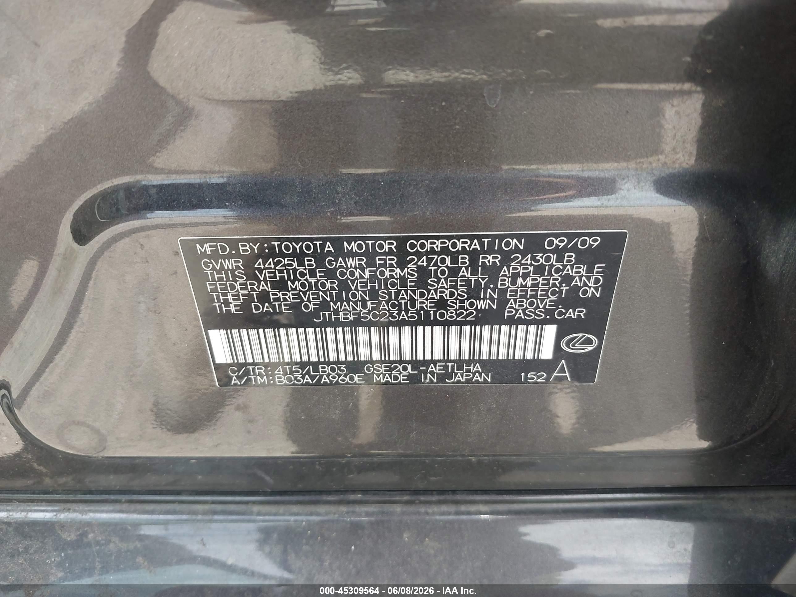 2010 Lexus Is 250 Gray vin: JTHBF5C23A5110822