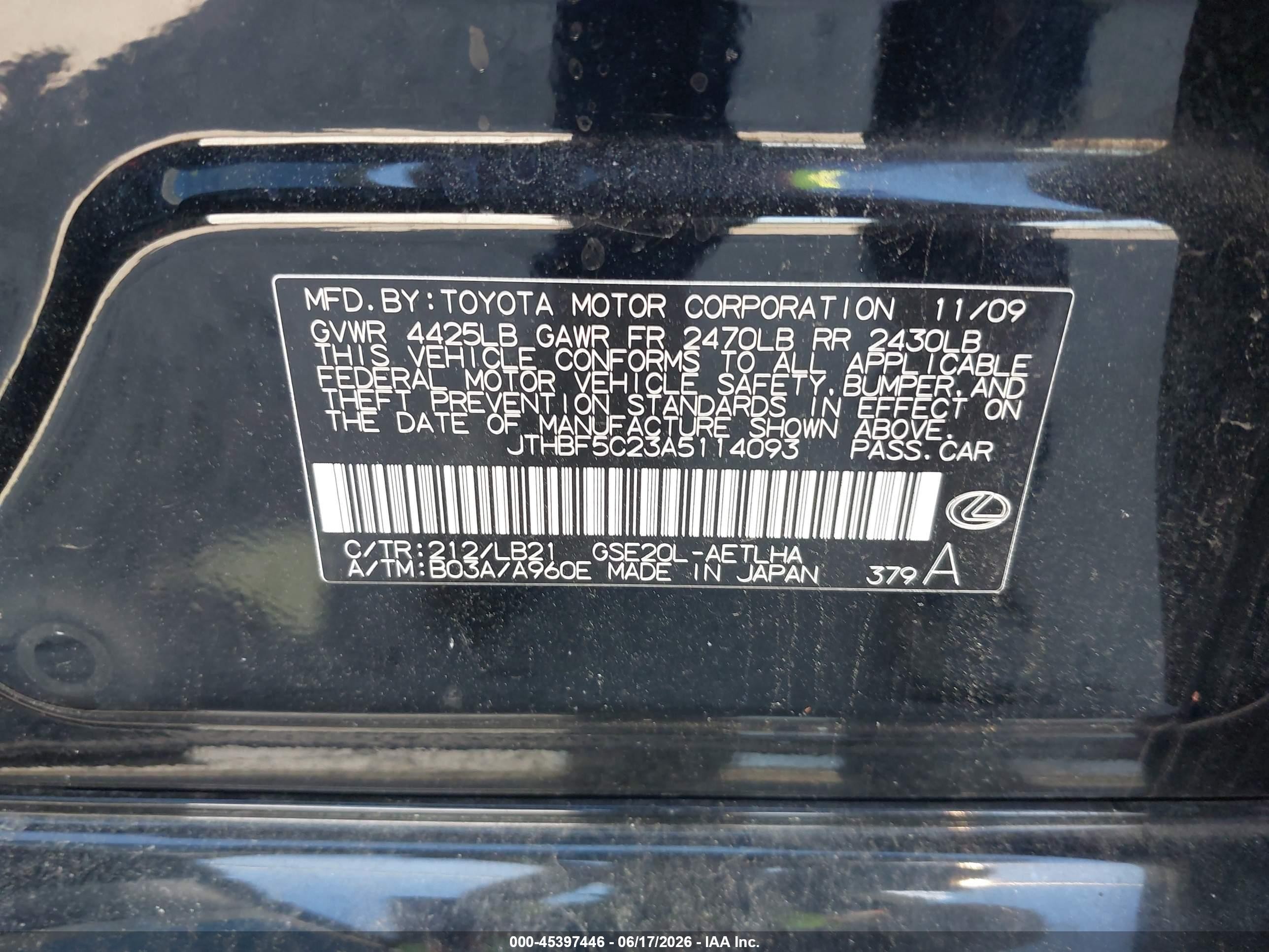 2010 Lexus Is 250 Черный vin: JTHBF5C23A5114093