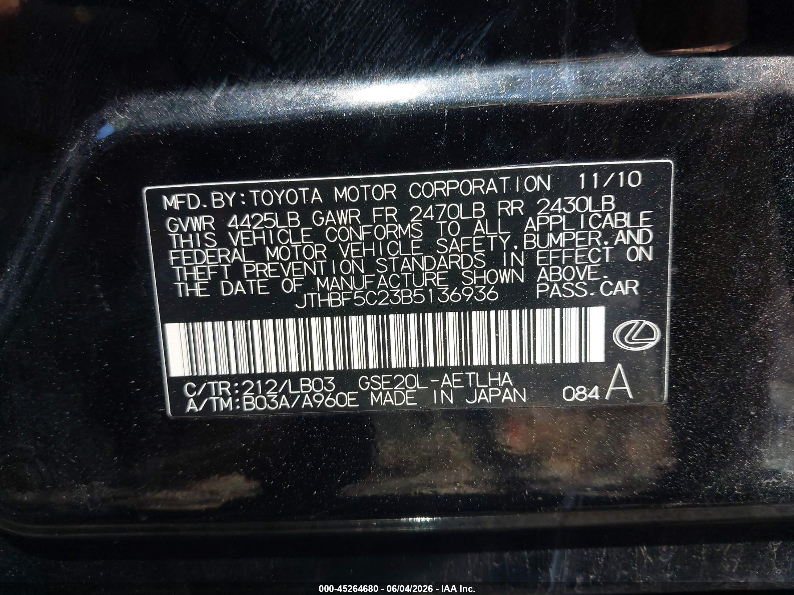 2011 Lexus Is 250   Black vin: JTHBF5C23B5136936