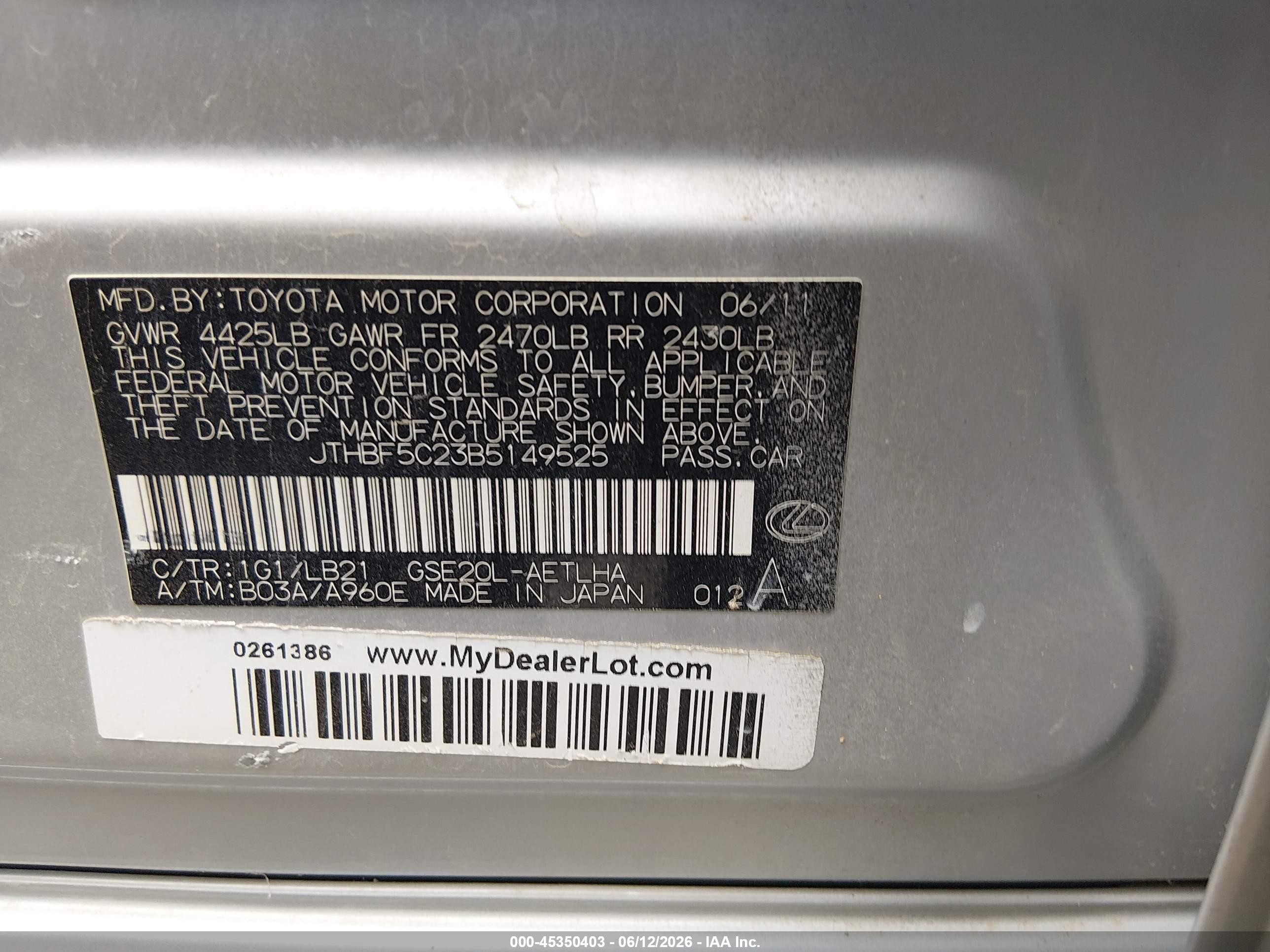 2011 Lexus Is 250   Silver vin: JTHBF5C23B5149525