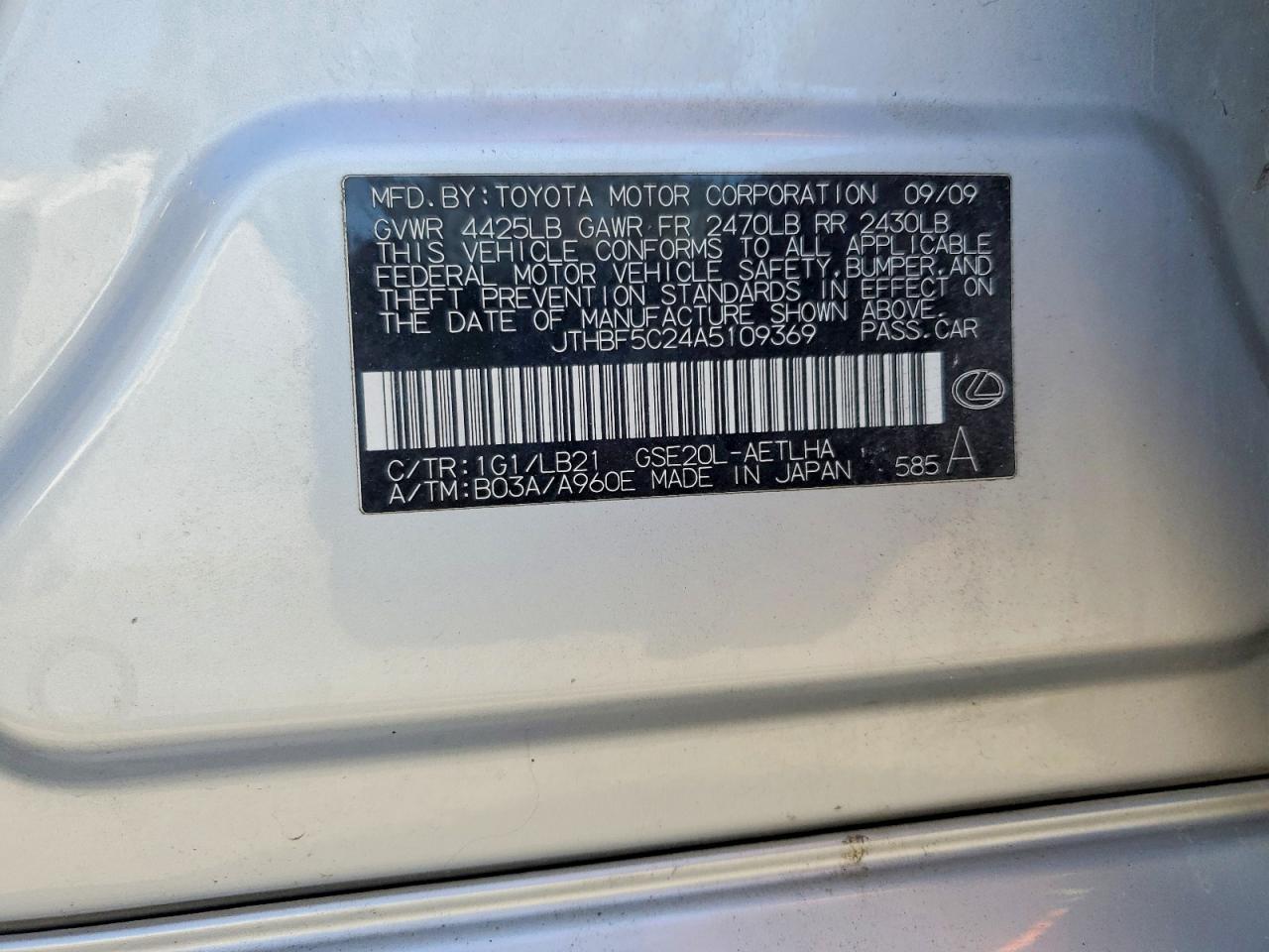 2010 Lexus Is 250 Base Silver vin: JTHBF5C24A5109369