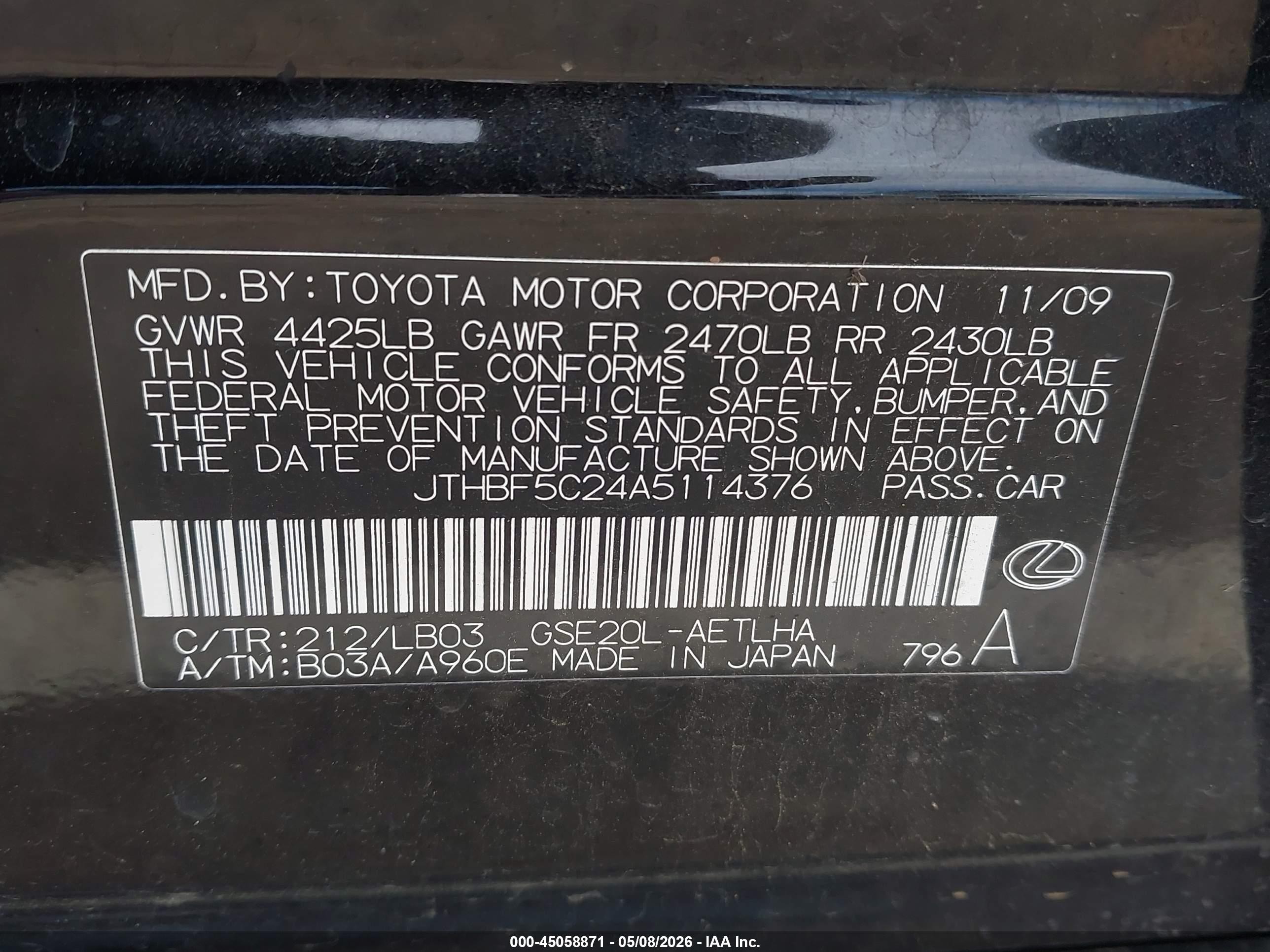 2010 Lexus Is 250   Black vin: JTHBF5C24A5114376