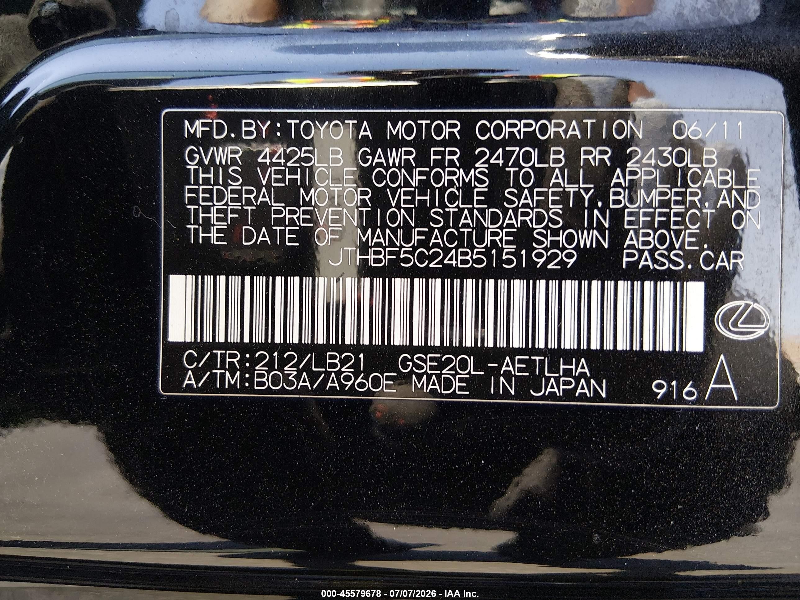 2011 Lexus Is 250   Black vin: JTHBF5C24B5151929