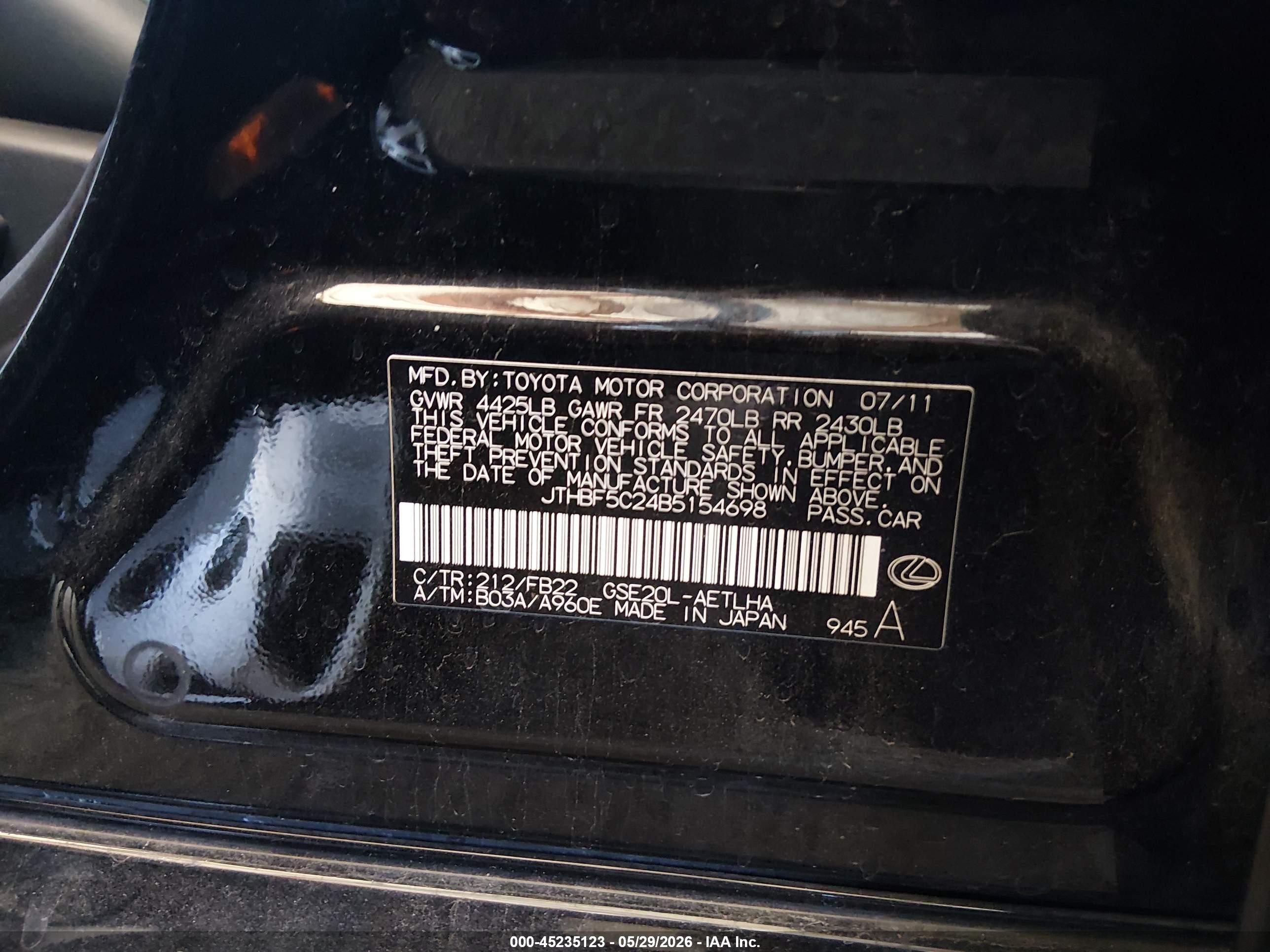 2011 Lexus Is 250   Black vin: JTHBF5C24B5154698