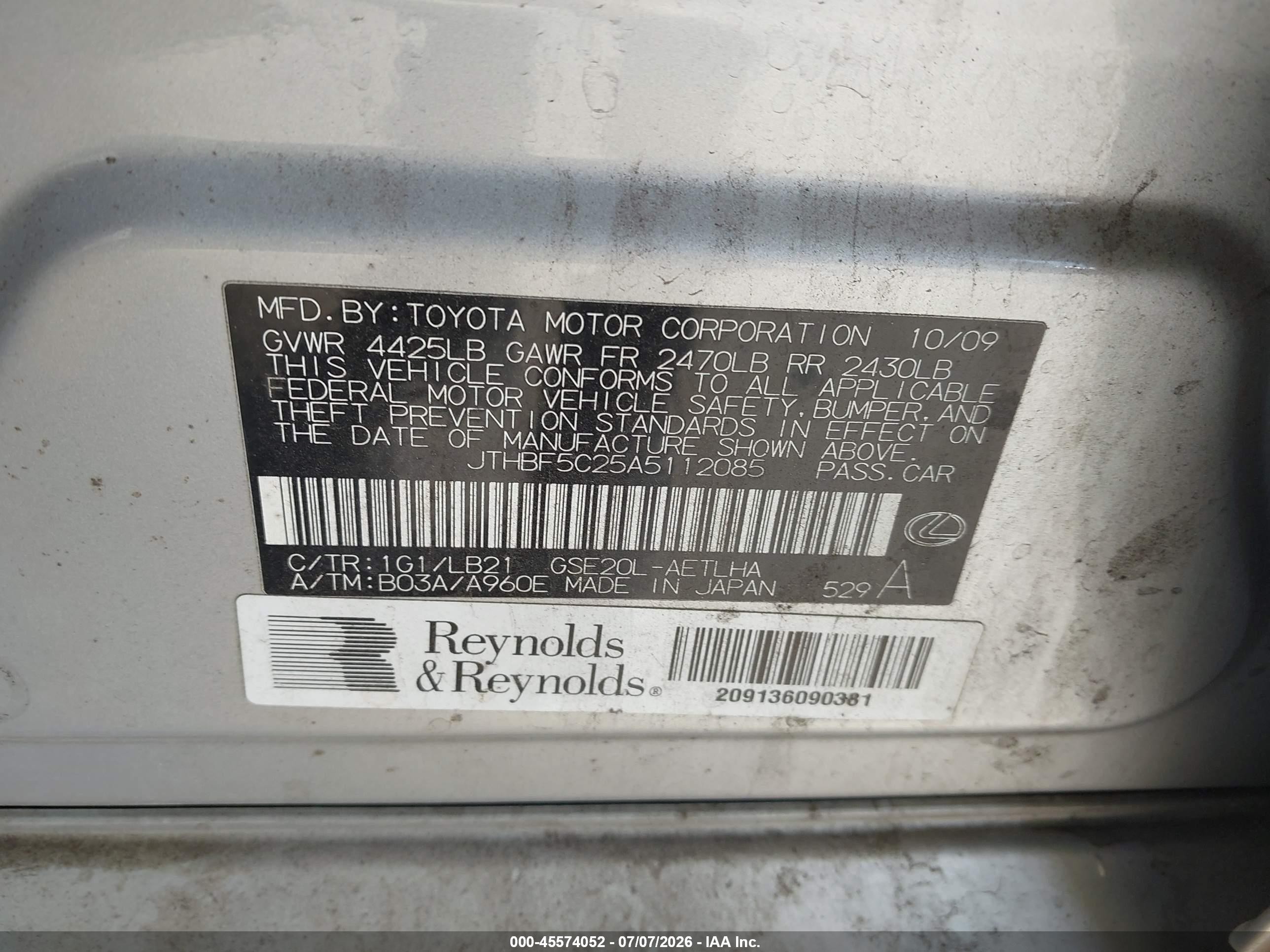 2010 Lexus Is 250   Silver vin: JTHBF5C25A5112085
