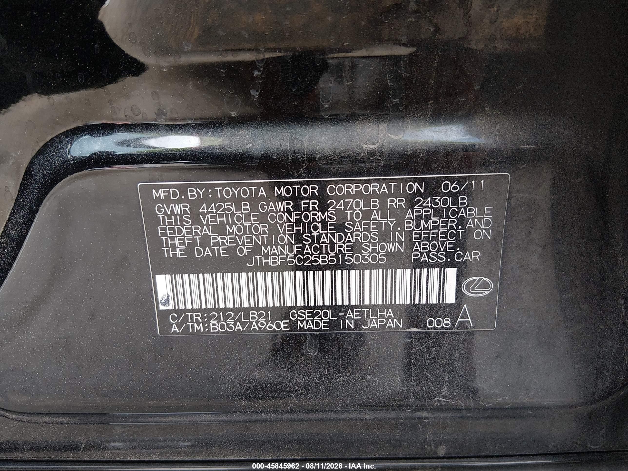 2011 Lexus Is 250   Black vin: JTHBF5C25B5150305