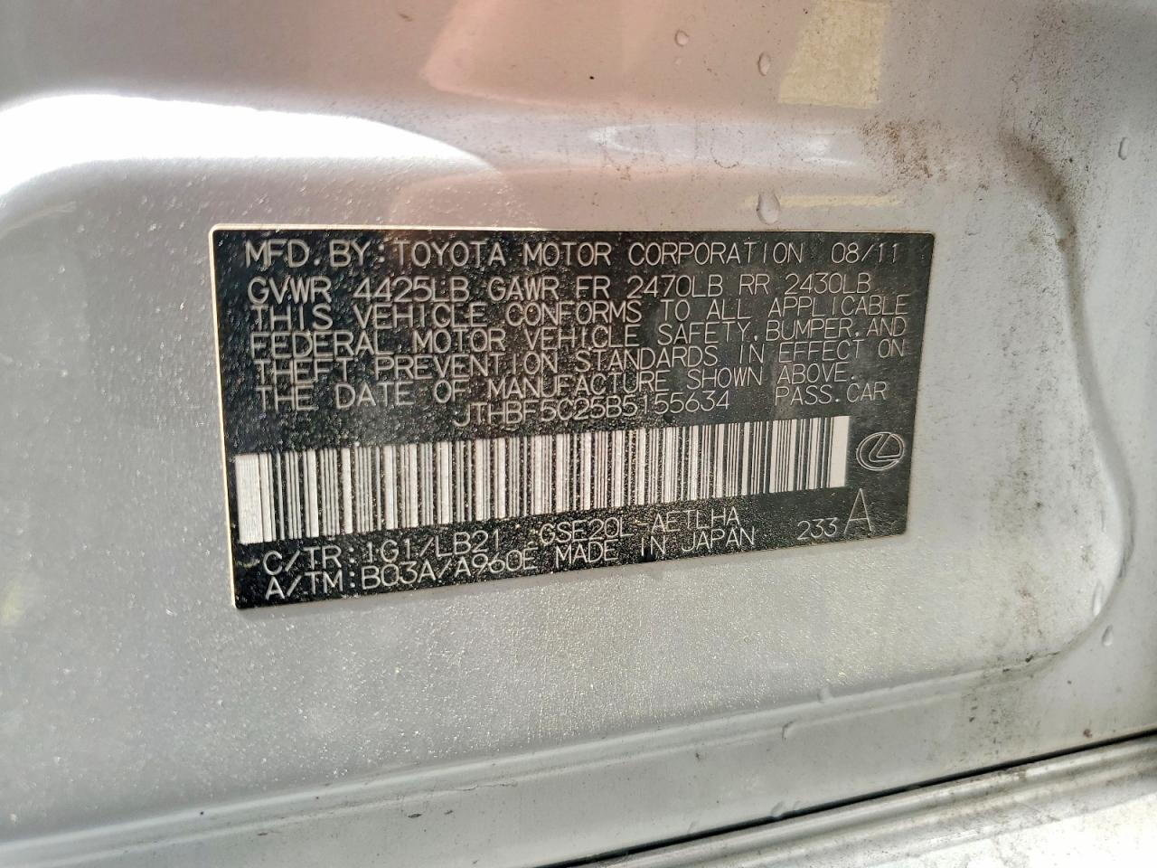 2011 Lexus Is 250 Base Silver vin: JTHBF5C25B5155634