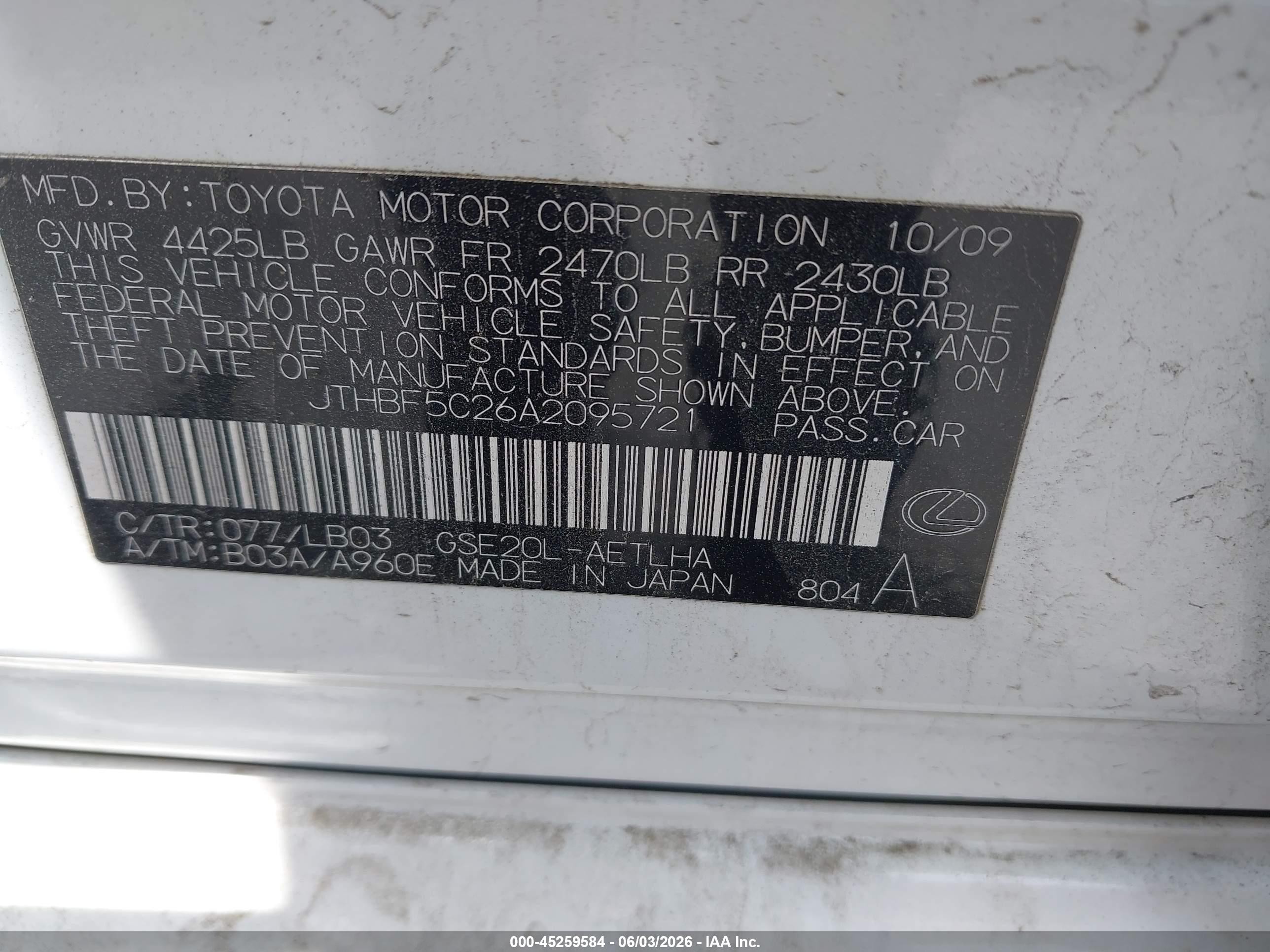 2010 Lexus Is 250   White vin: JTHBF5C26A2095721
