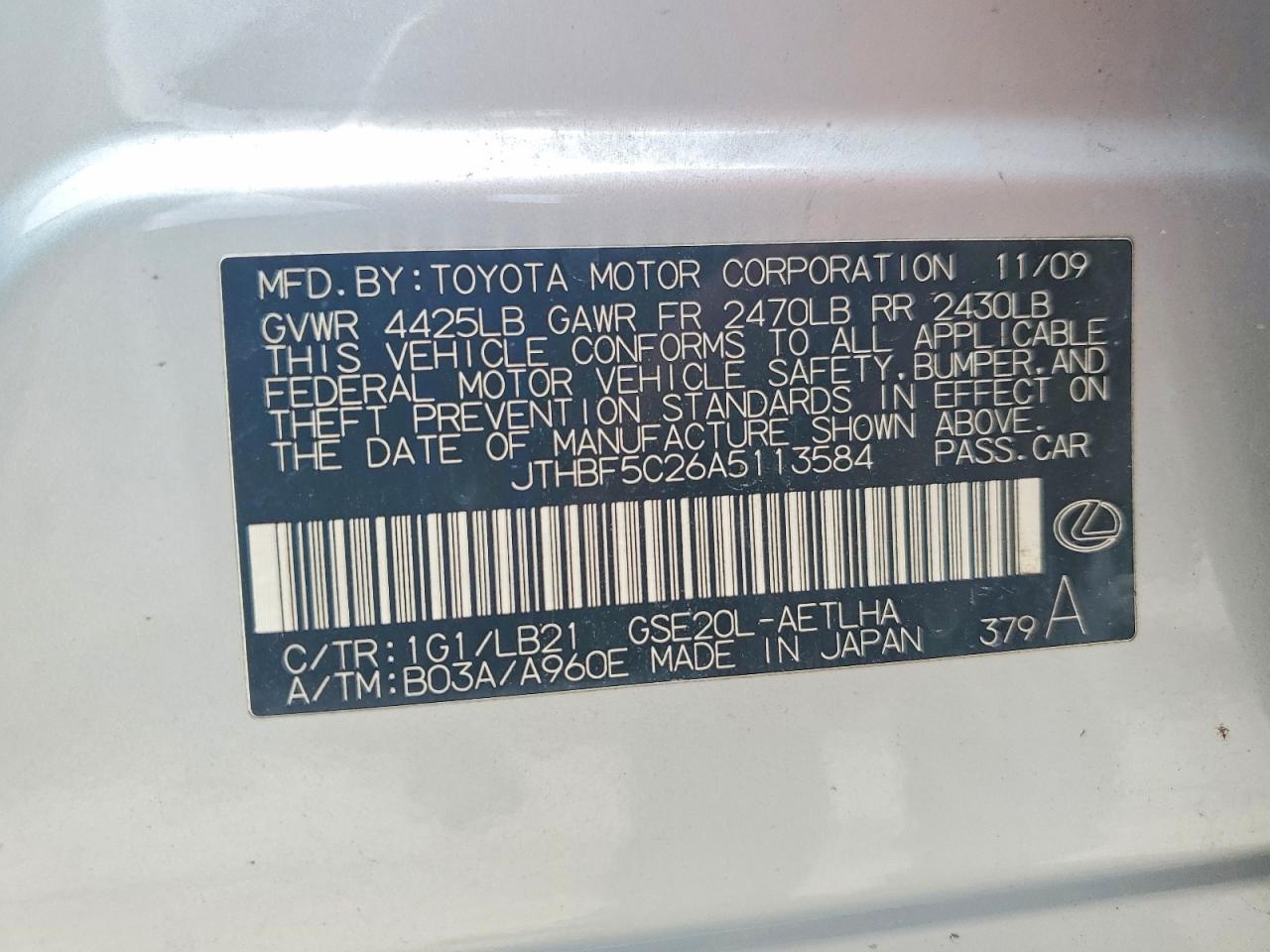 2010 Lexus Is 250 Base Silver vin: JTHBF5C26A5113584