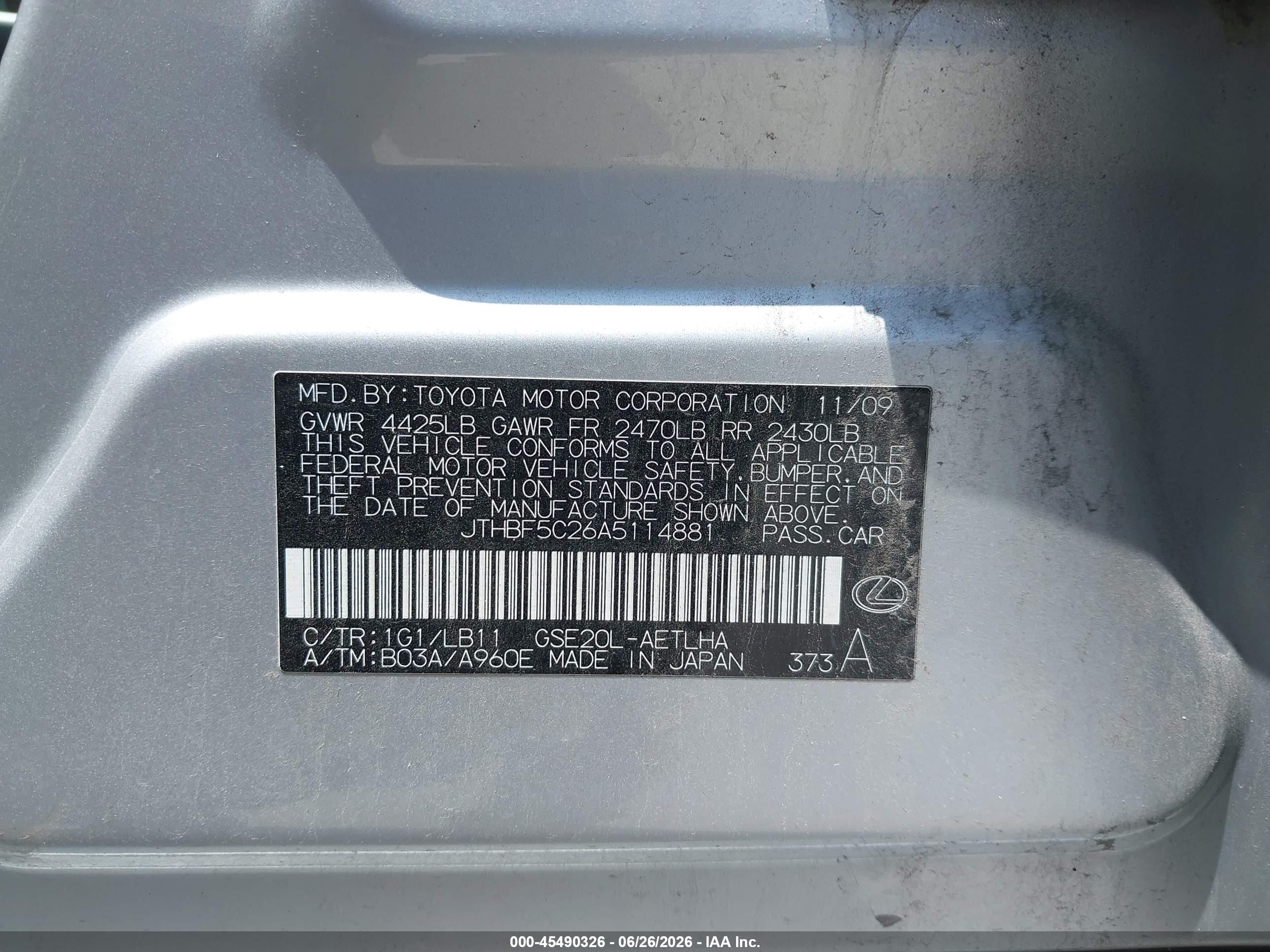 2010 Lexus Is 250 Base (a6) Silver vin: JTHBF5C26A5114881