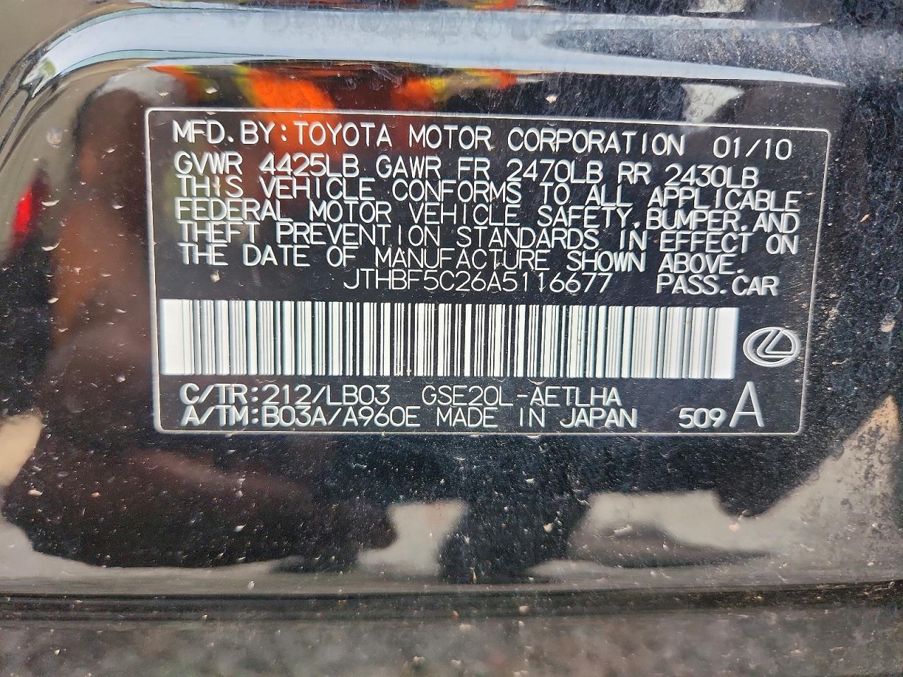 2010 Lexus Is 250 Base Black vin: JTHBF5C26A5116677
